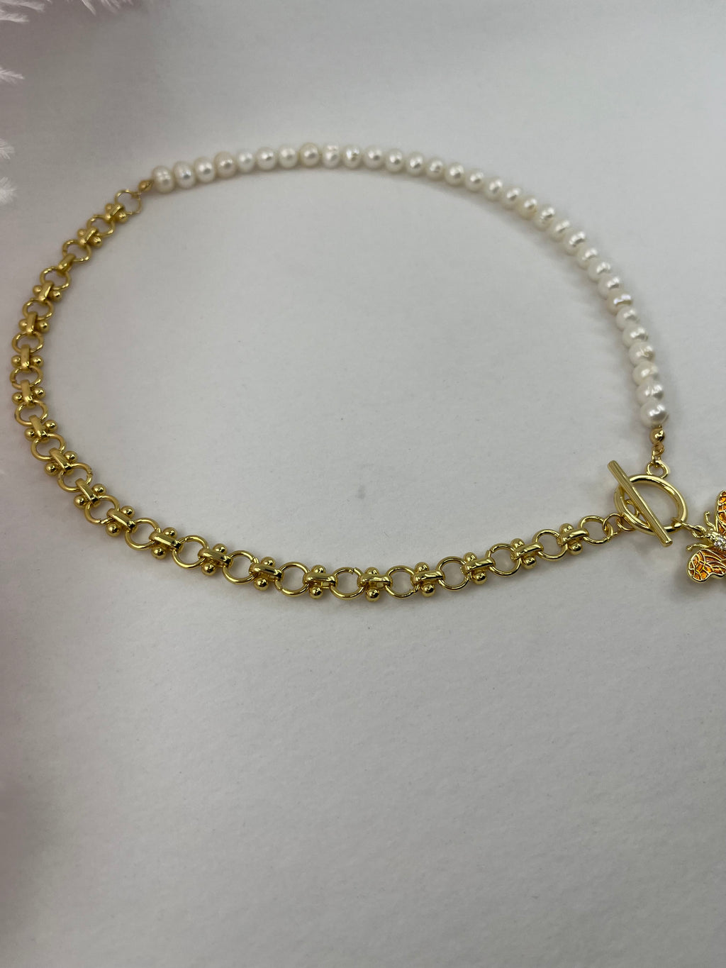 Asymmetrical Pearl Necklace with Bee Pendant, 18K Gold Plated Chain