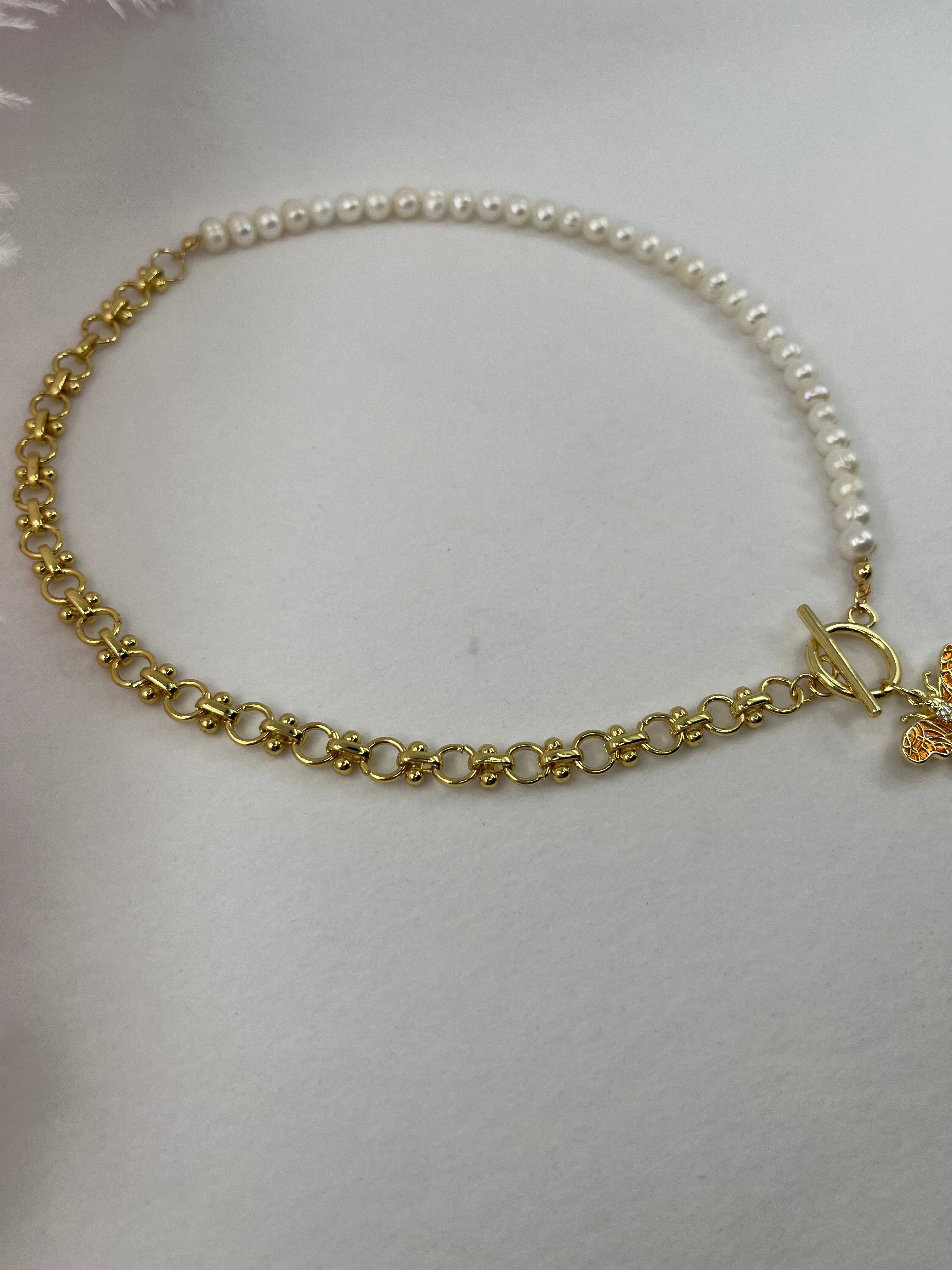 Asymmetrical Pearl Necklace with Bee Pendant, 18K Gold Plated Chain