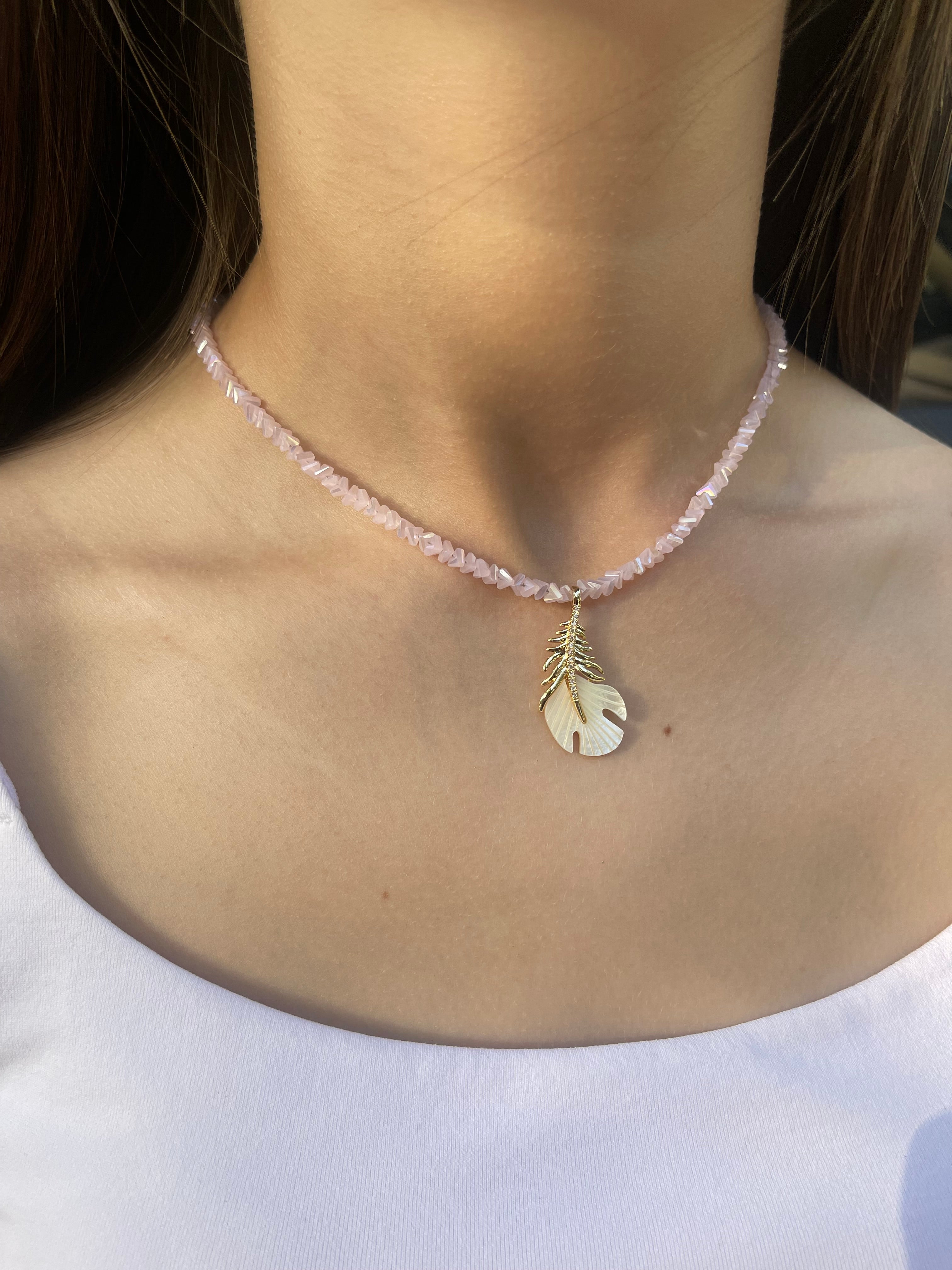 Pink crystal necklace with 14K gold Feather pendant