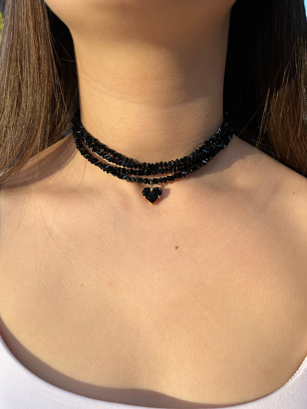 Layered Heart Black Crystal Choker – 18K Gold Plated, Cubic Zirconia, Nickel Free