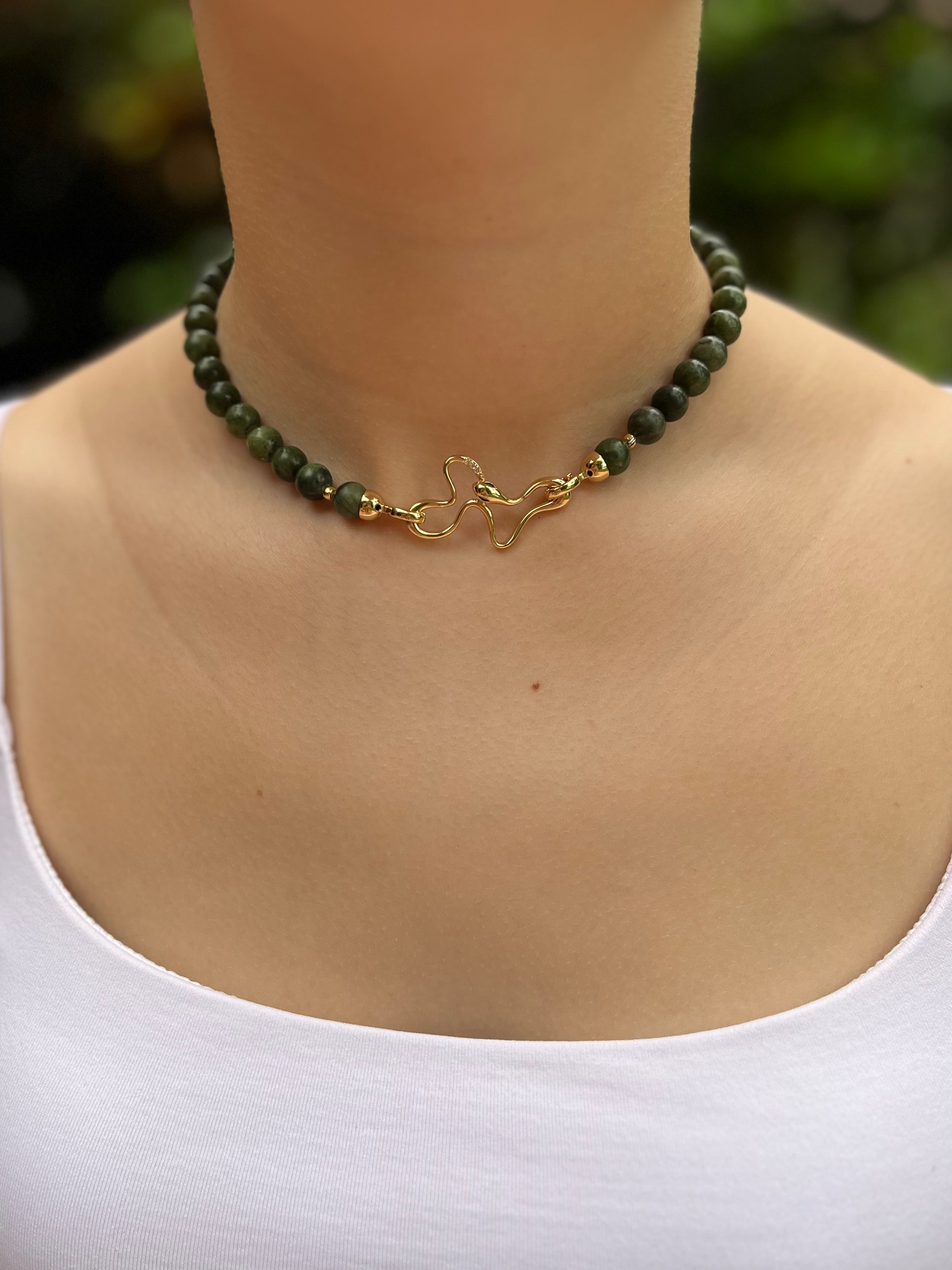 Natural Taiwan Jade Necklace with 18K Gold Snake Clasp