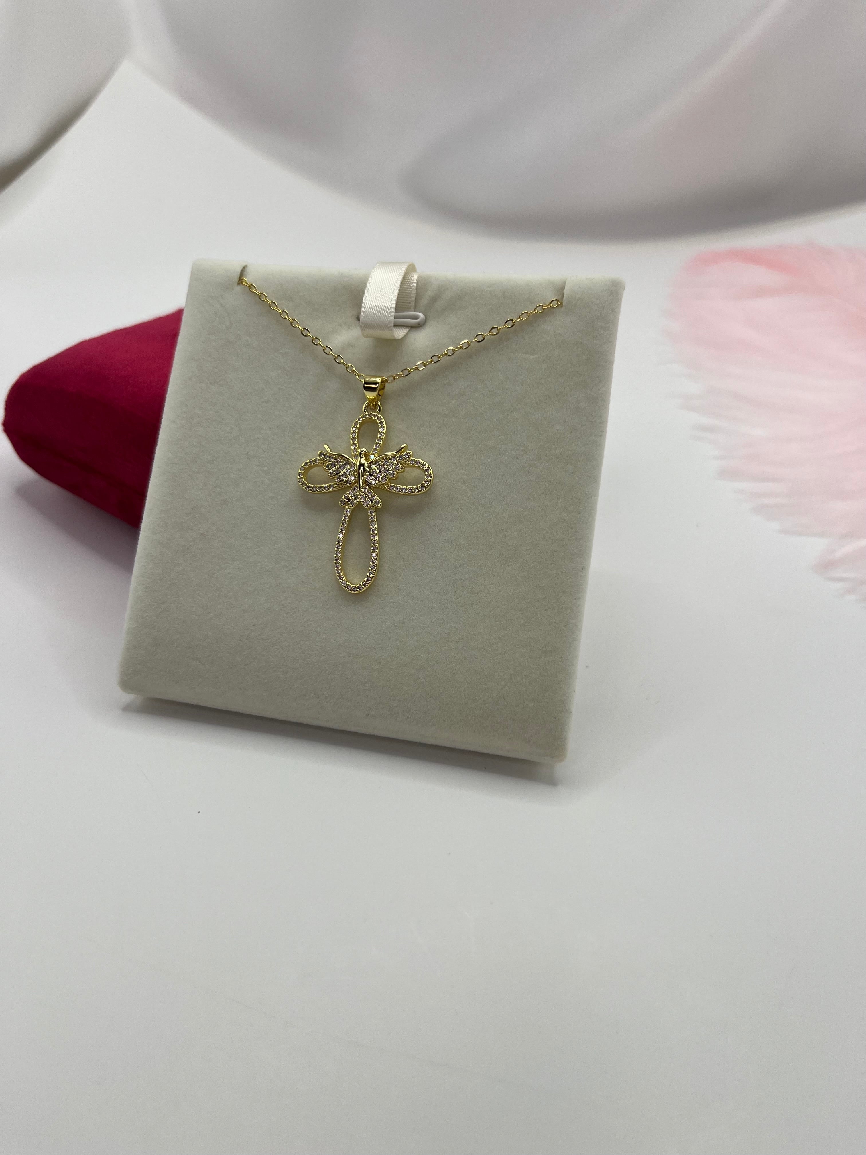 Cross with bird Necklace, Real 18K Gold Plated