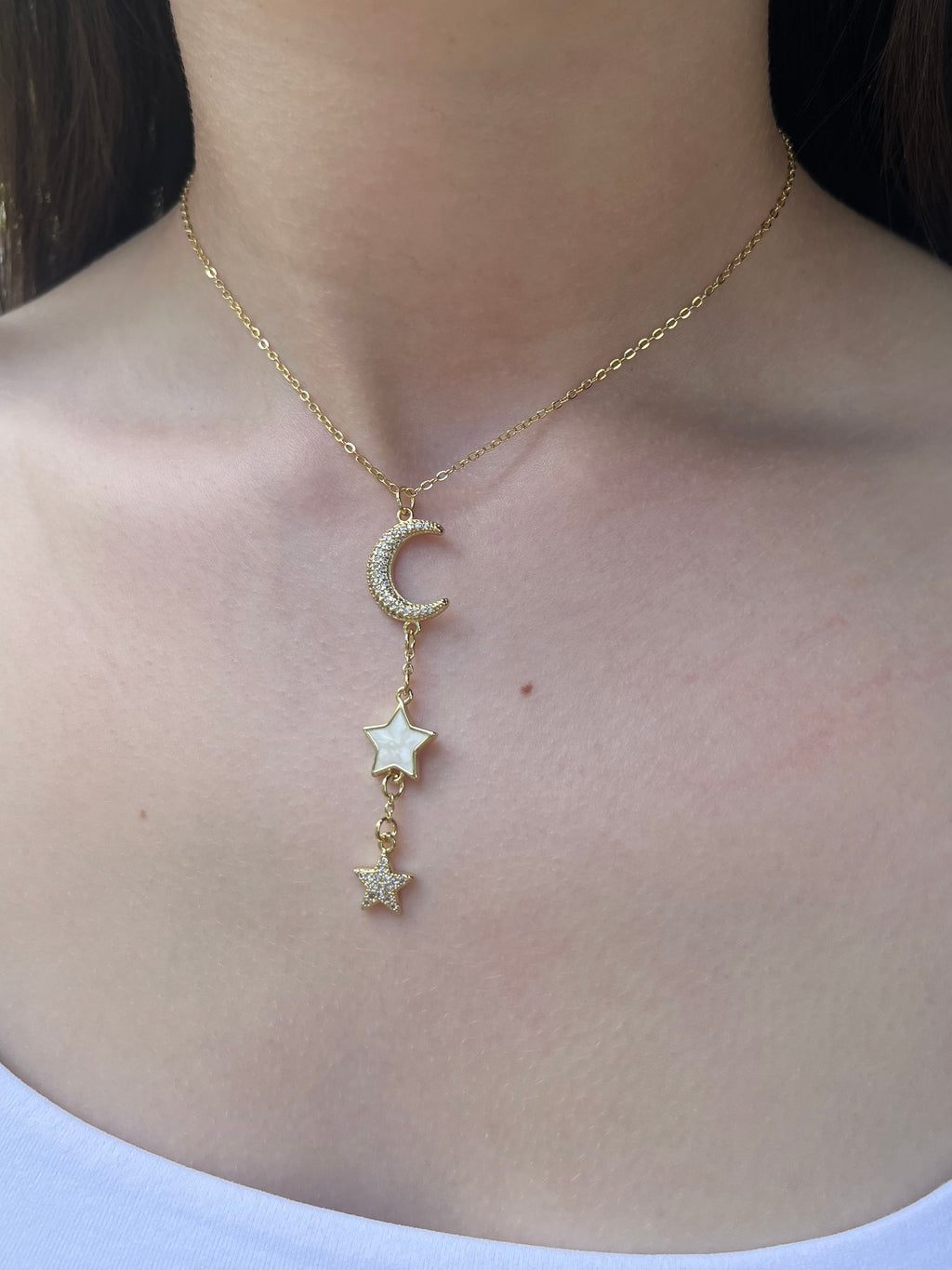 Zirconia Star and Moon Choker Necklace, Real 18K Gold Plated