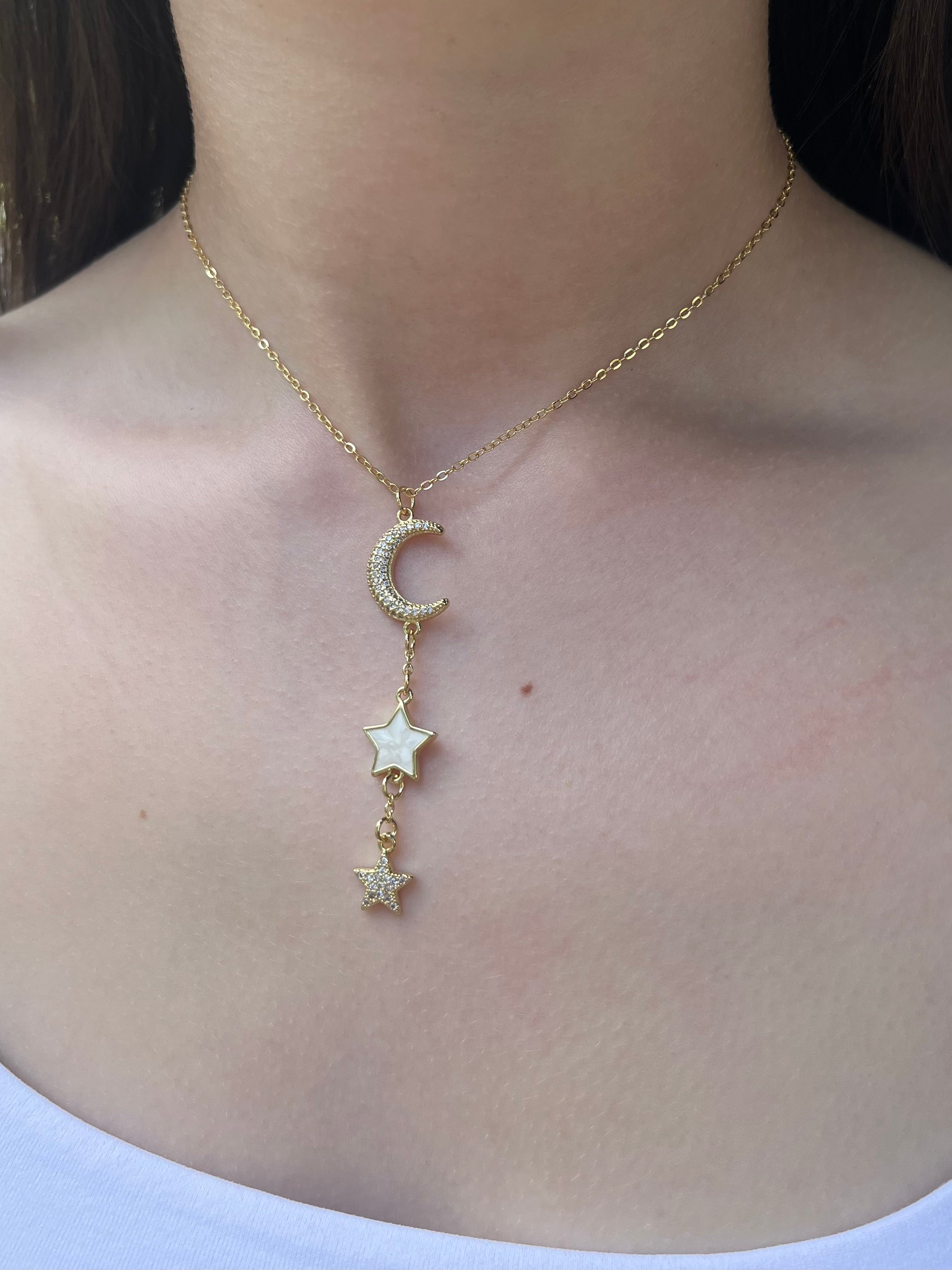 Zirconia Star and Moon Choker Necklace, Real 18K Gold Plated