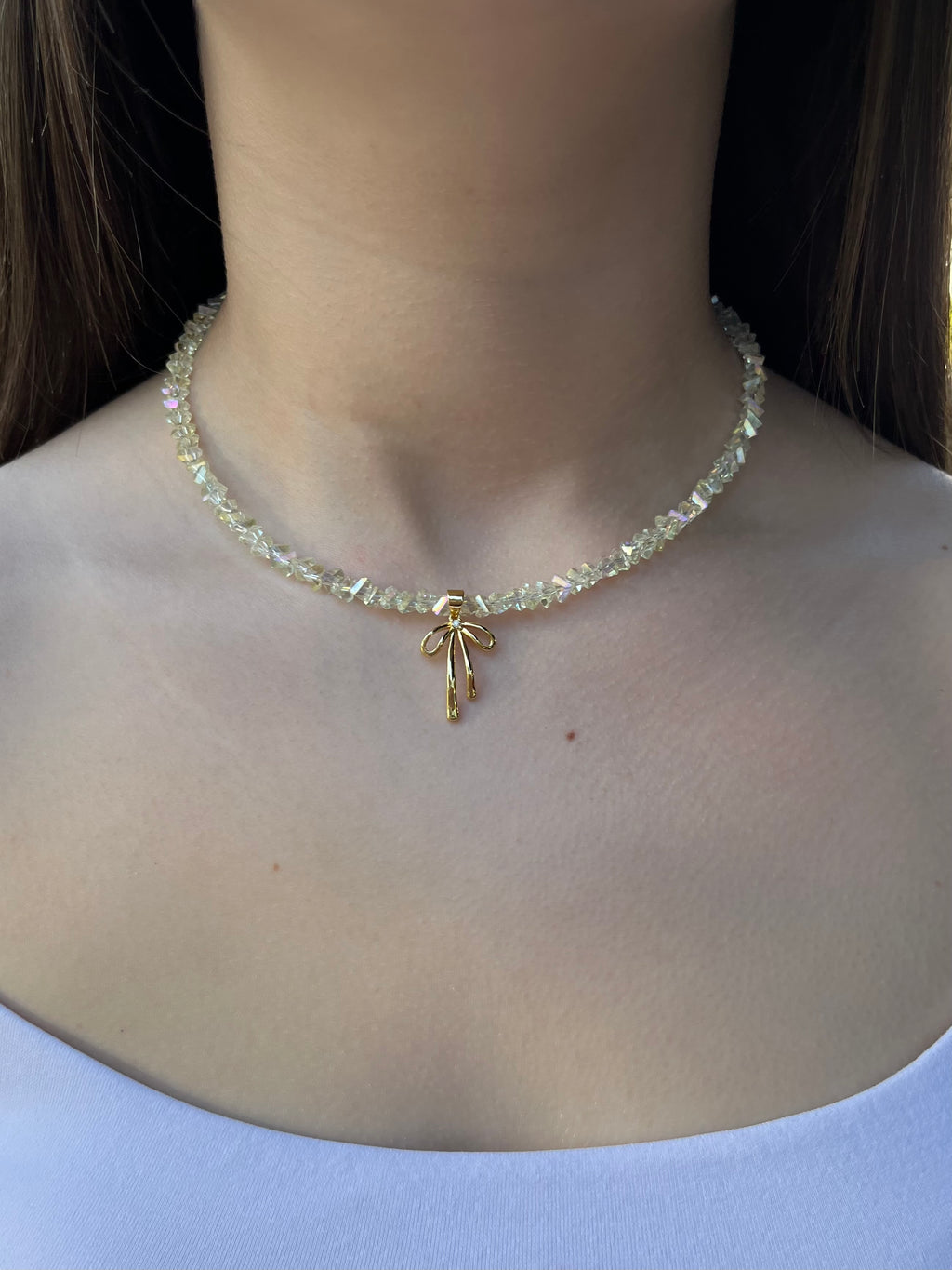 Crystal Glass Bead Choker: 18K Gold Bowknot Pendant