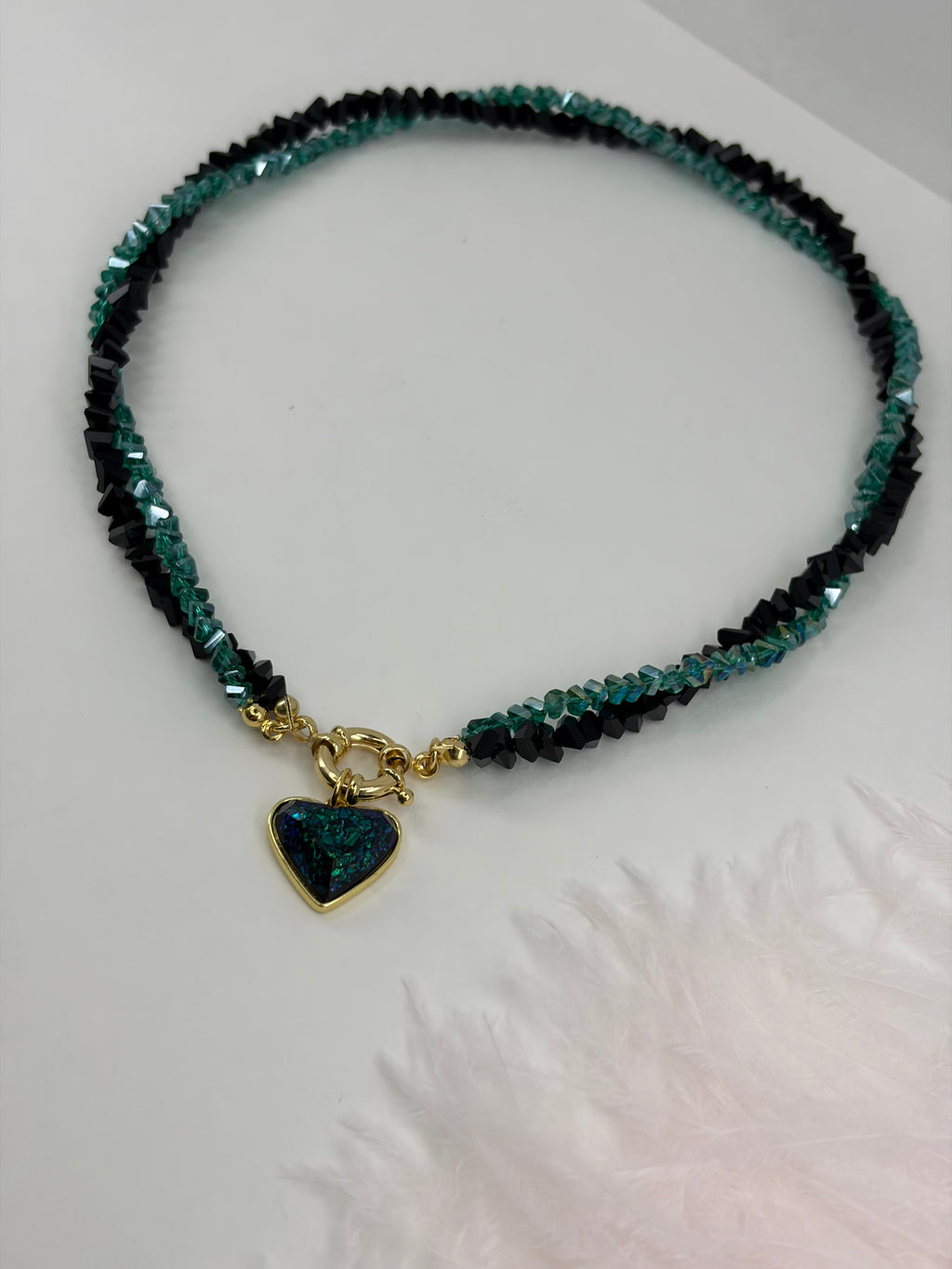 Layered Heart Black and Green Crystal Necklace