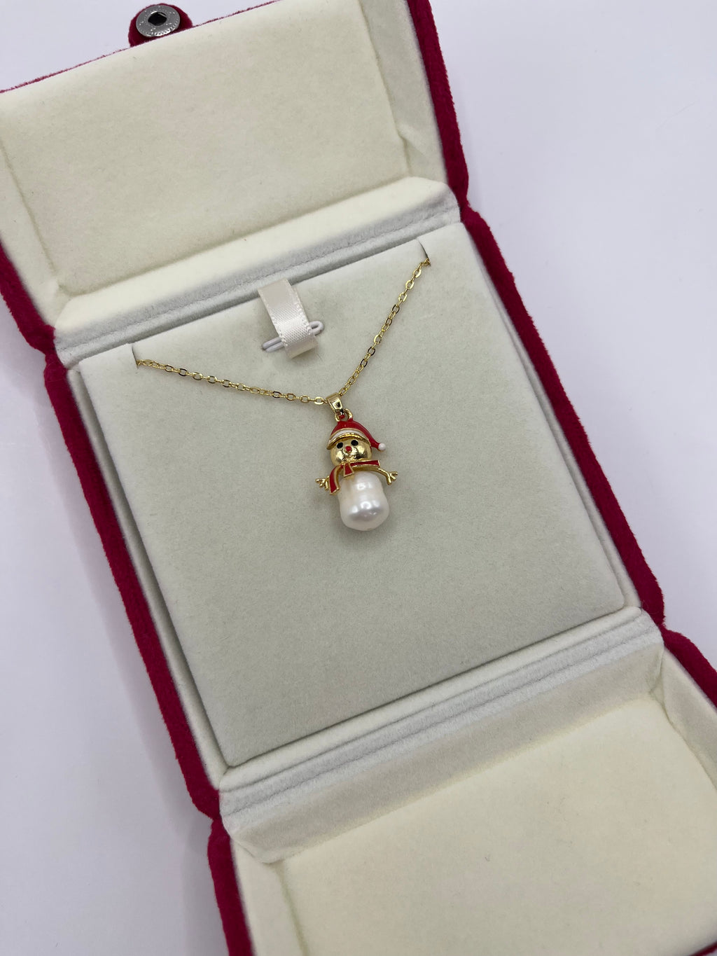 Natural freshwater Pearl Snowman Necklace: 18K Gold Plated Christmas Pendant
, including velvet box