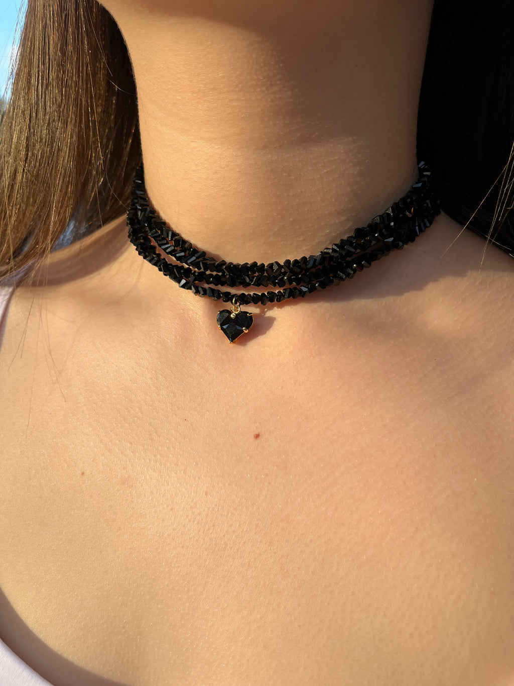 Layered Heart Black Crystal Choker – 18K Gold Plated, Cubic Zirconia, Nickel Free