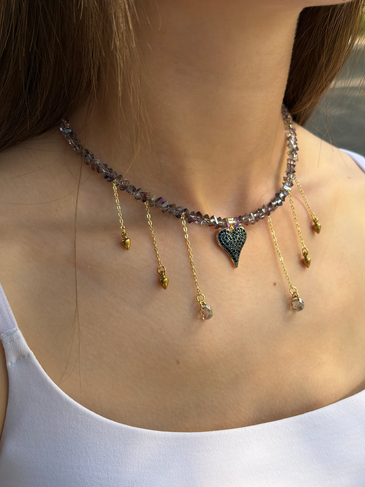 Black Crystal Heart Necklace, 18K Gold Plated