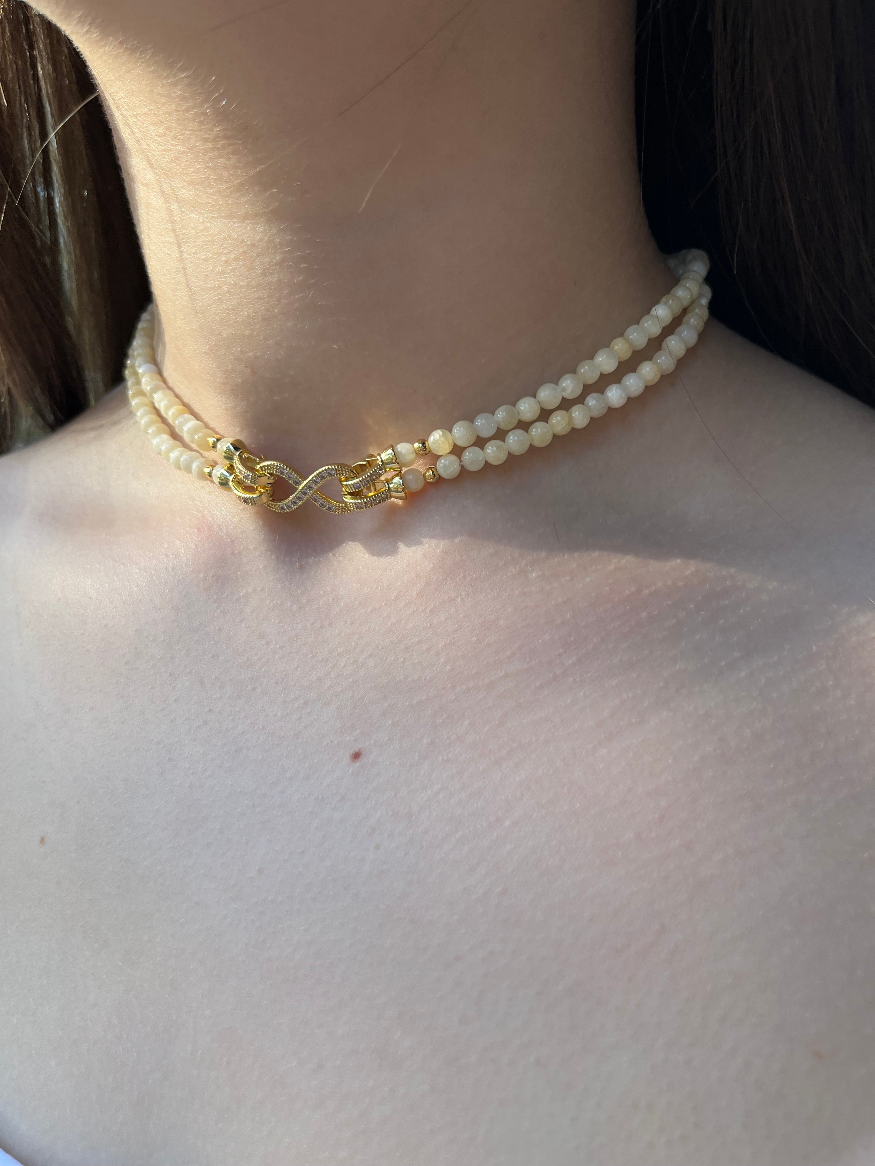 Topaz Jade Choker Necklace : 18K Gold Plated Zirconia Infinity Clasp