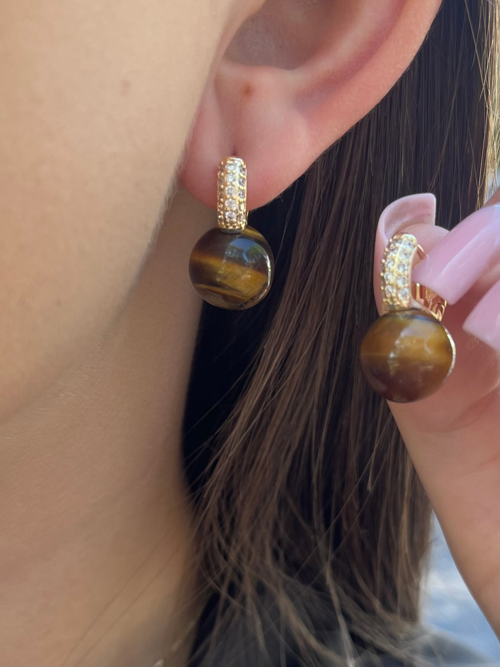 Natural Tiger eye Gold Zirconia Earrings