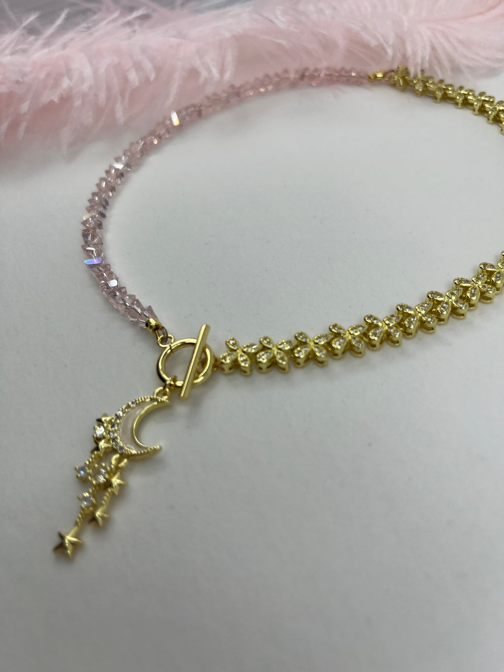 Asymmetrical Crystal Moon Necklace, 18k gold plated