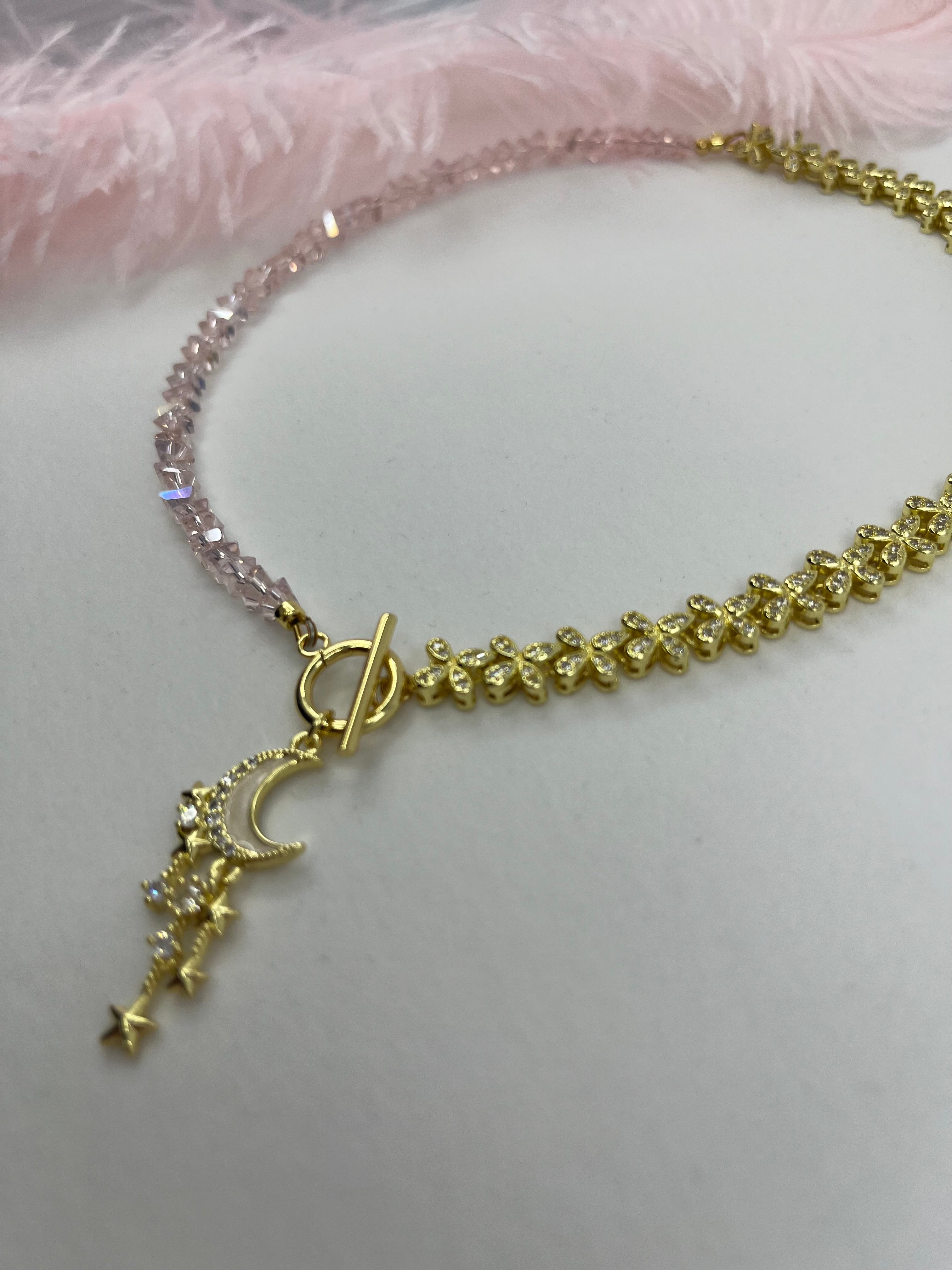 Asymmetrical Crystal Moon Necklace, 18k gold plated