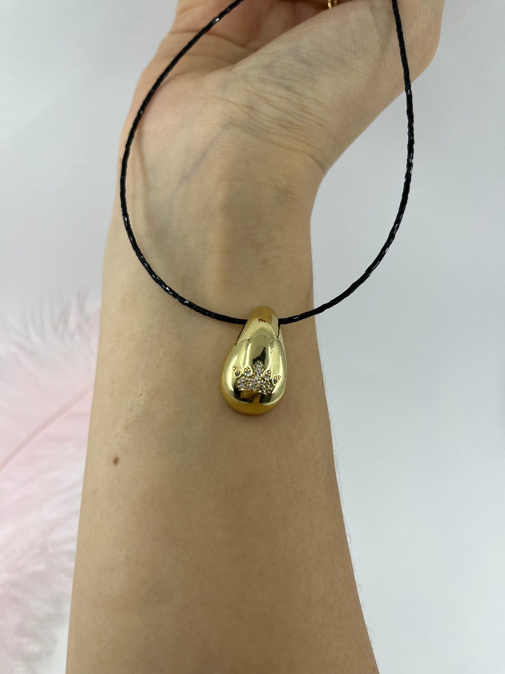 Black beaded choker with gold teardrop crown pendants: 18K Gold Plated