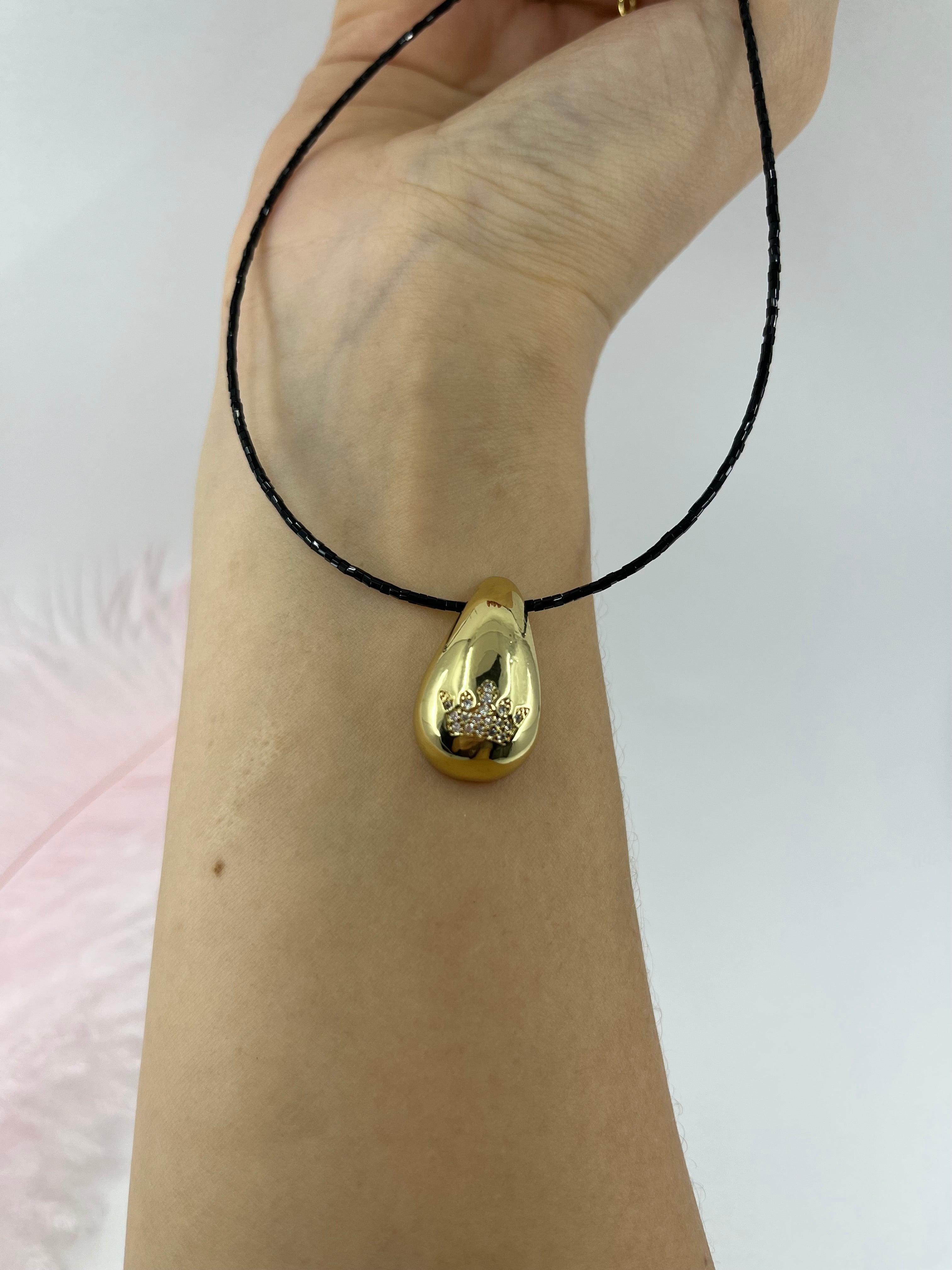Black beaded choker with gold teardrop crown pendants: 18K Gold Plated