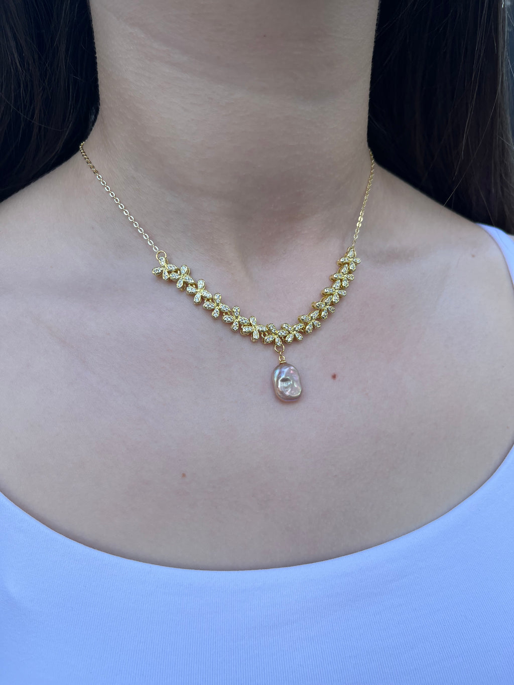 Baroque Pearl and zirconia Y-Necklace, 18k gold plated