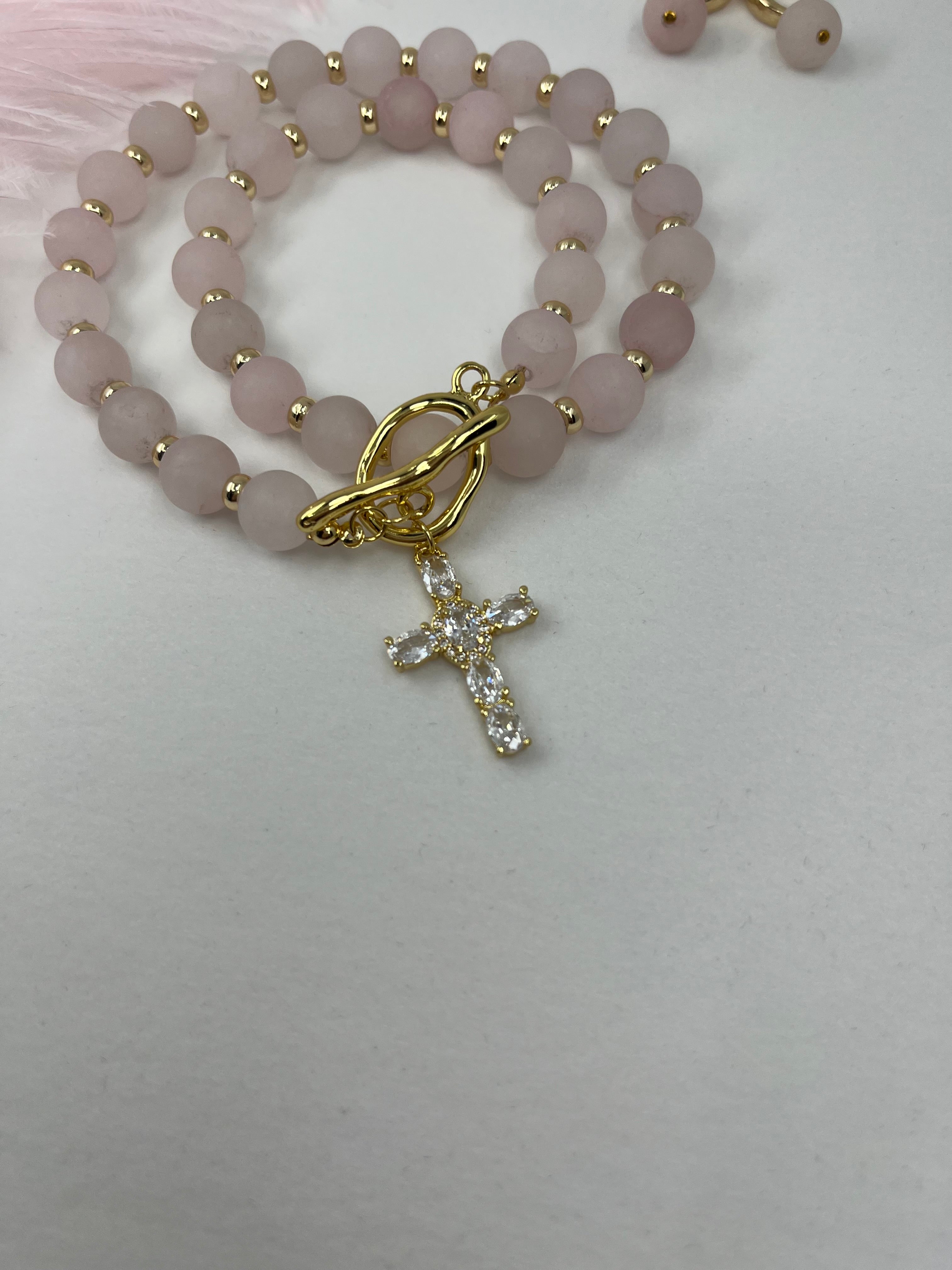 Set: Rose Quartz Cross Necklace and Earrings, 18k gold plated