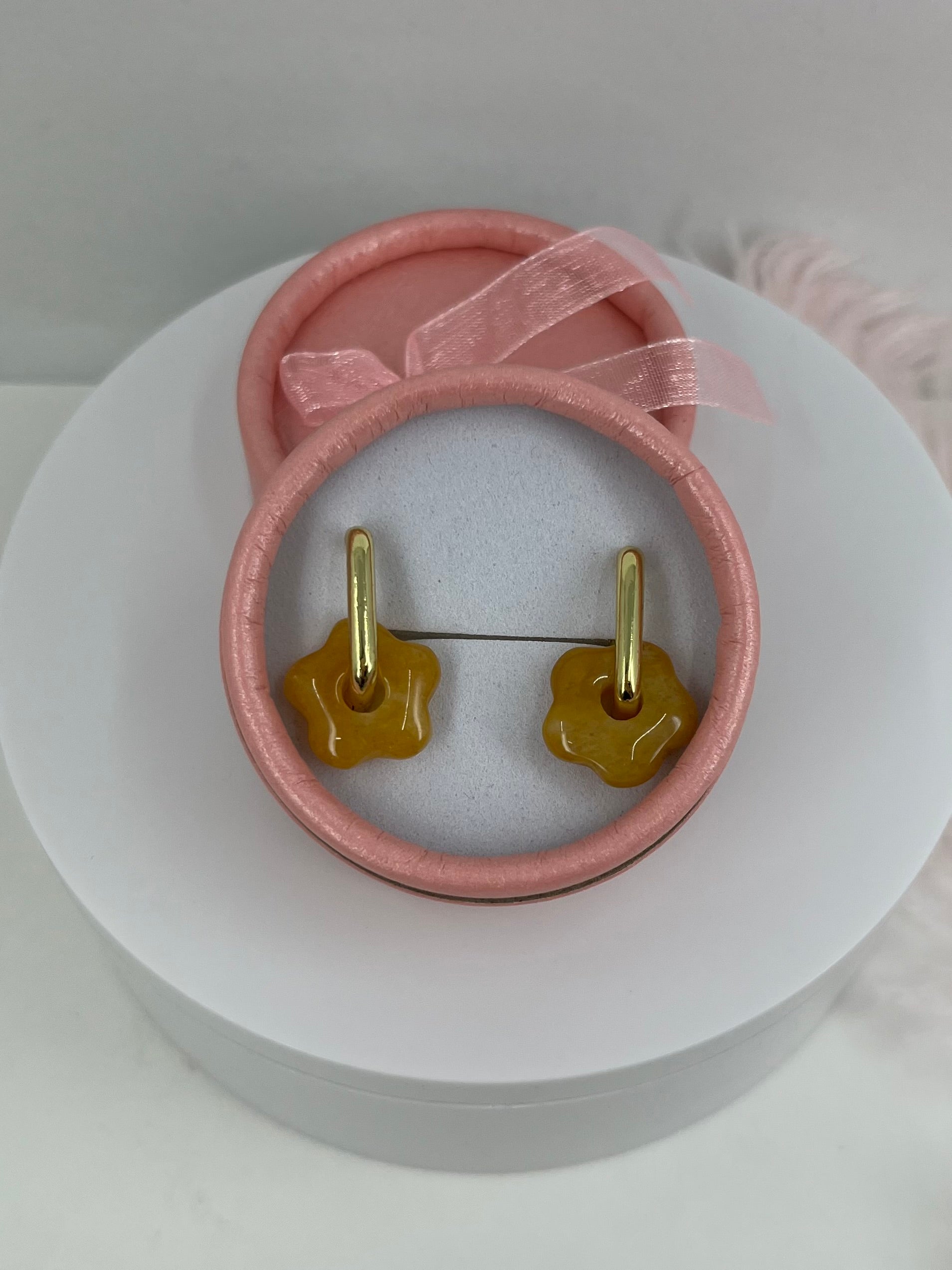 Yellow Jade flower Earrings, 18K Gold Plated