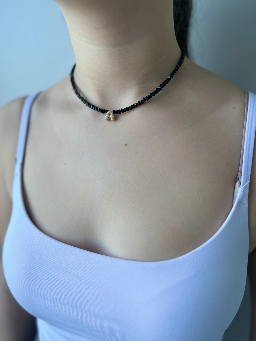 Initial Charm Black Crystal Necklace – 18K Gold Plated, Cubic Zirconia