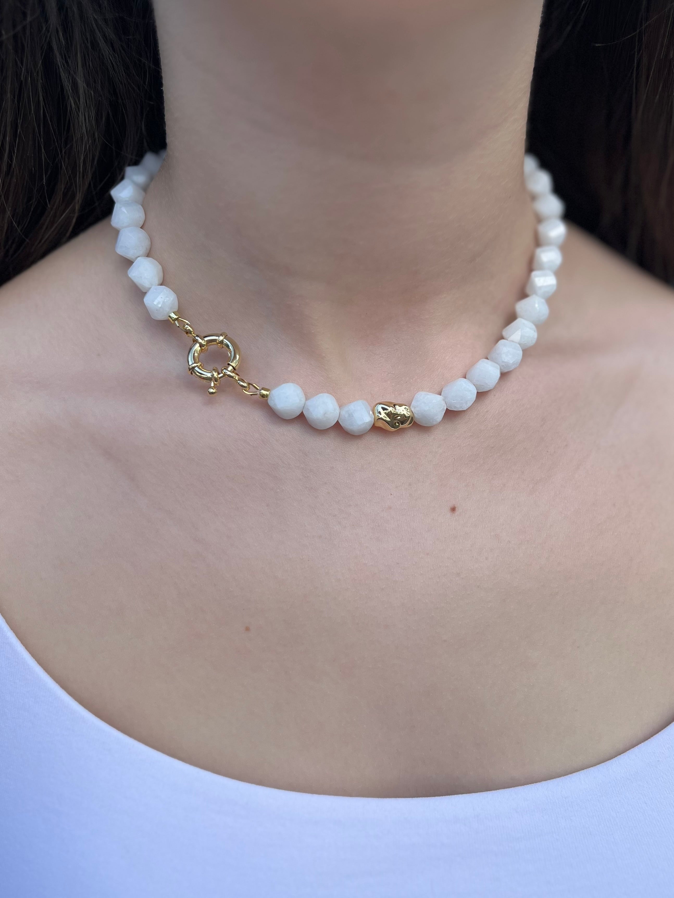 Natural White Jade Necklace with Gold Accent