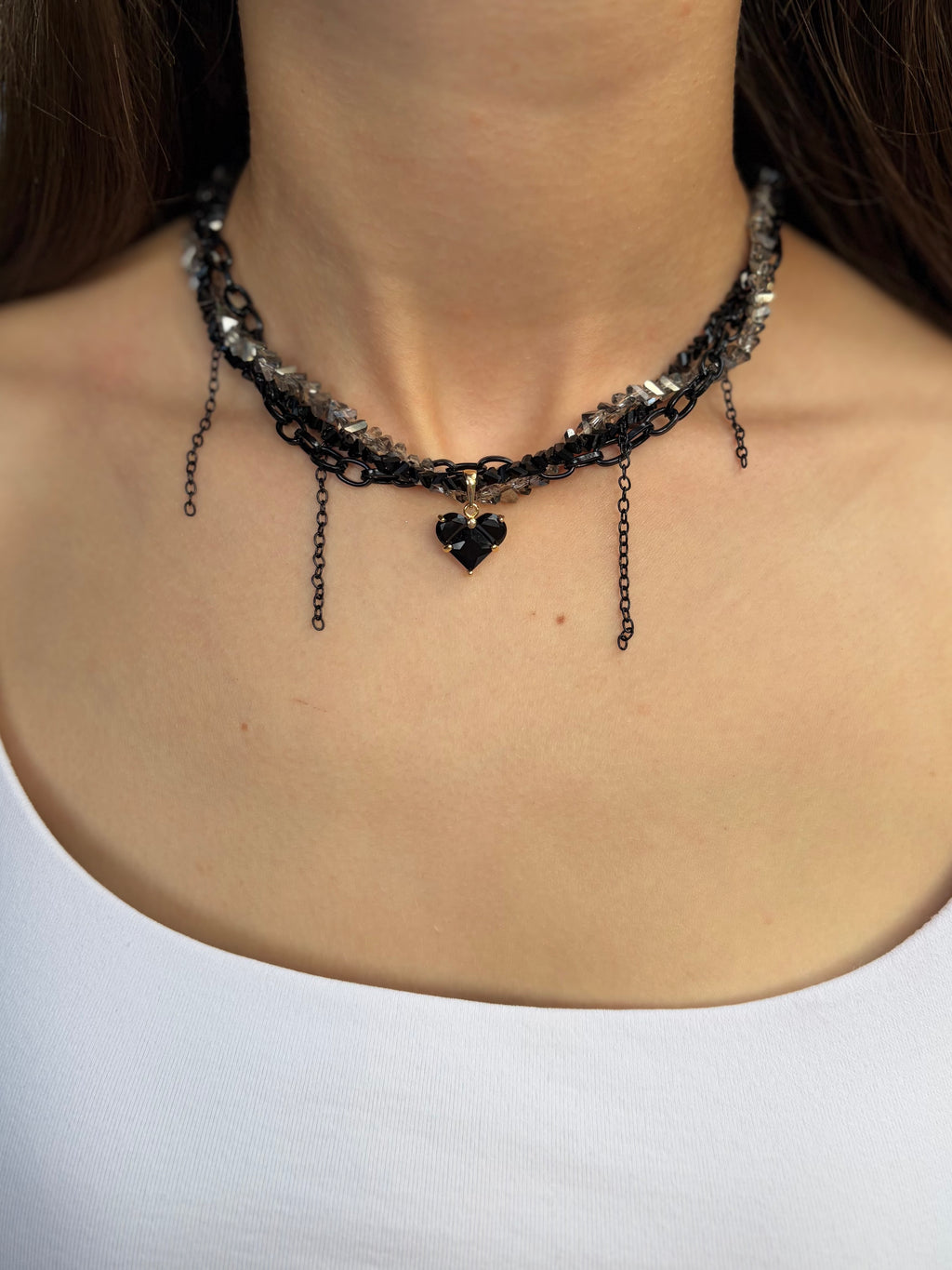Layered Heart Black Crystal Necklace – 18K Gold Plated