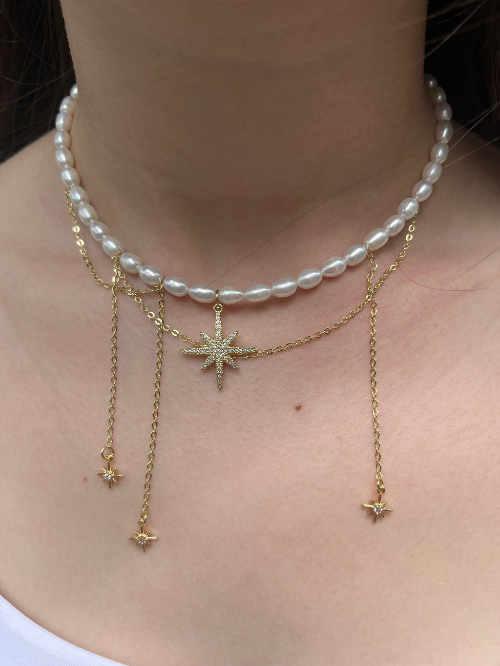 Layered Pearl Star Necklace, 18K Gold Plated