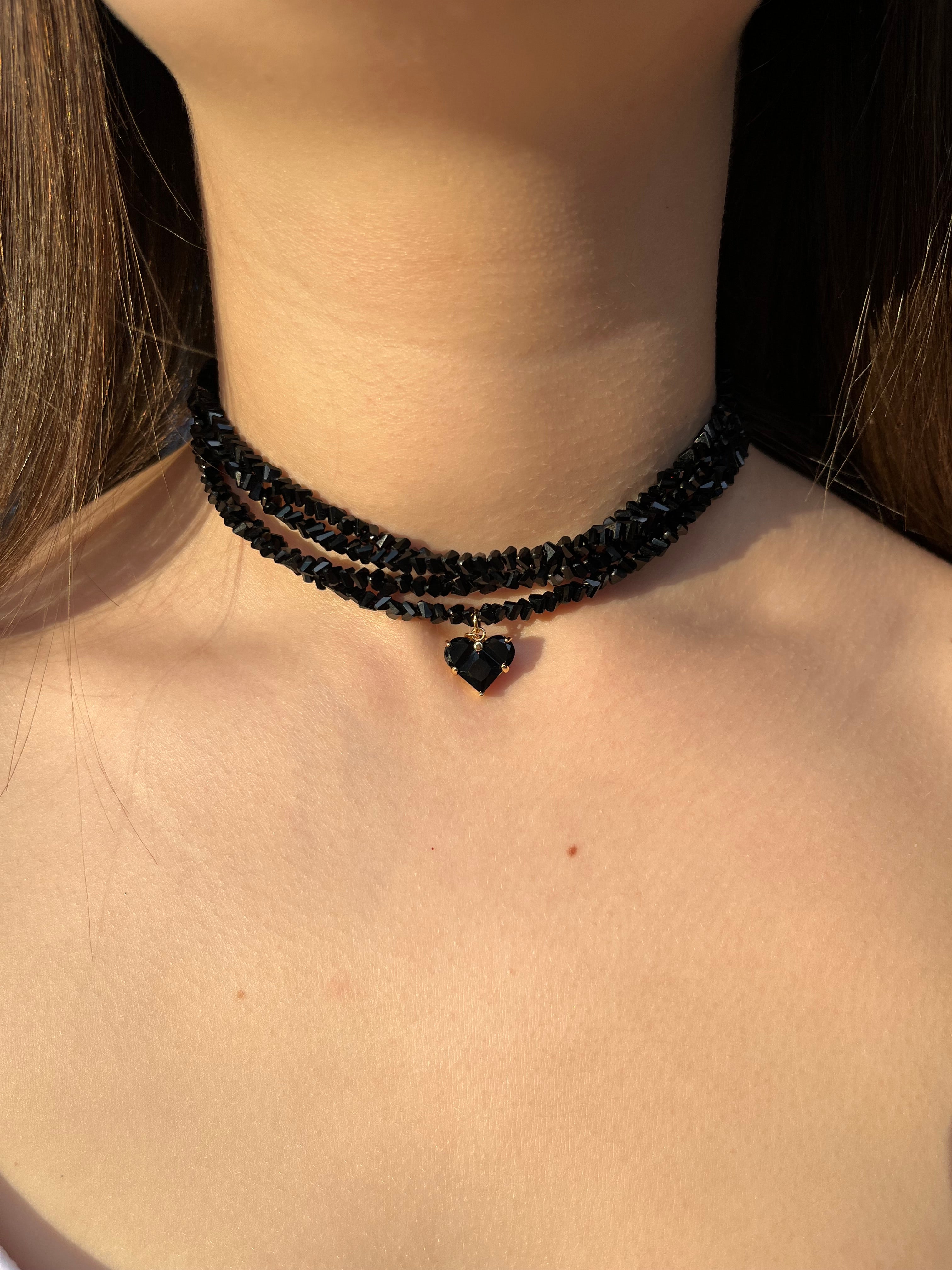 Layered Heart Black Crystal Choker – 18K Gold Plated, Cubic Zirconia, Nickel Free