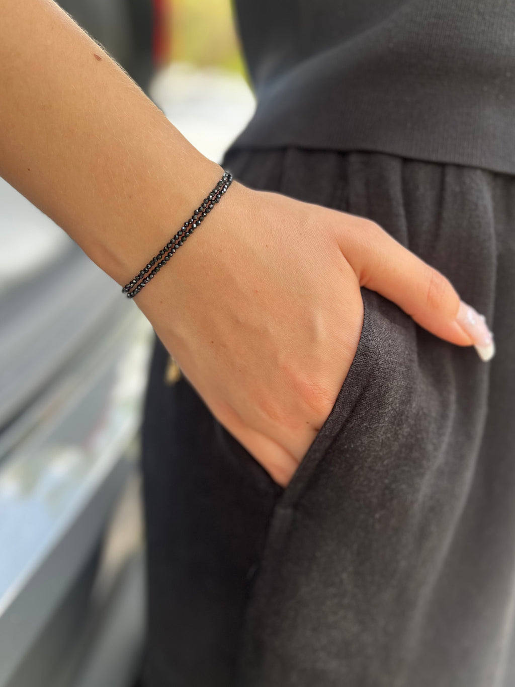 Black spinel layered bracelet with 18K Gold Plated slider