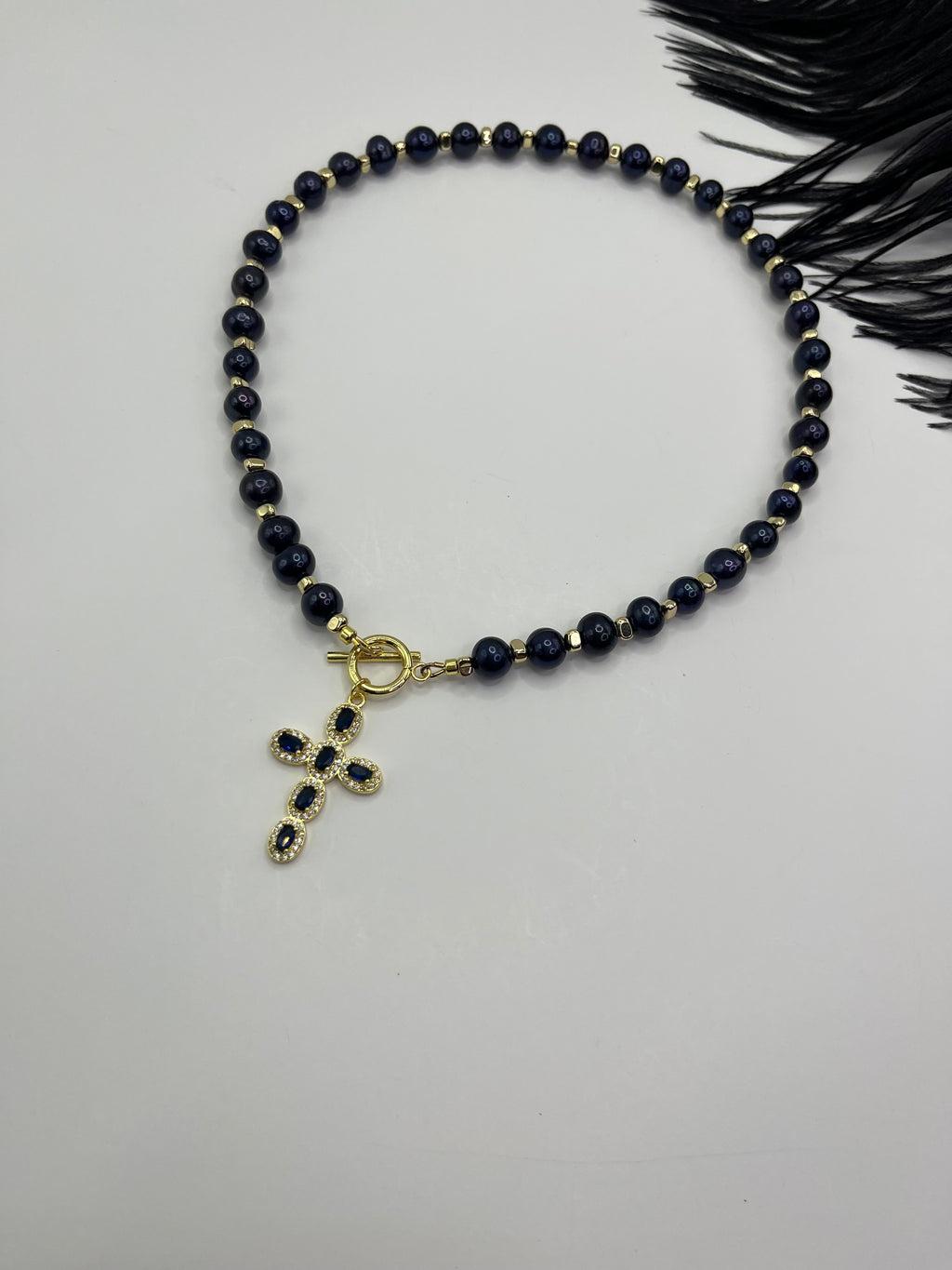 Blue Pearl Choker Necklace with Cross pendant: 18K Gold Plated