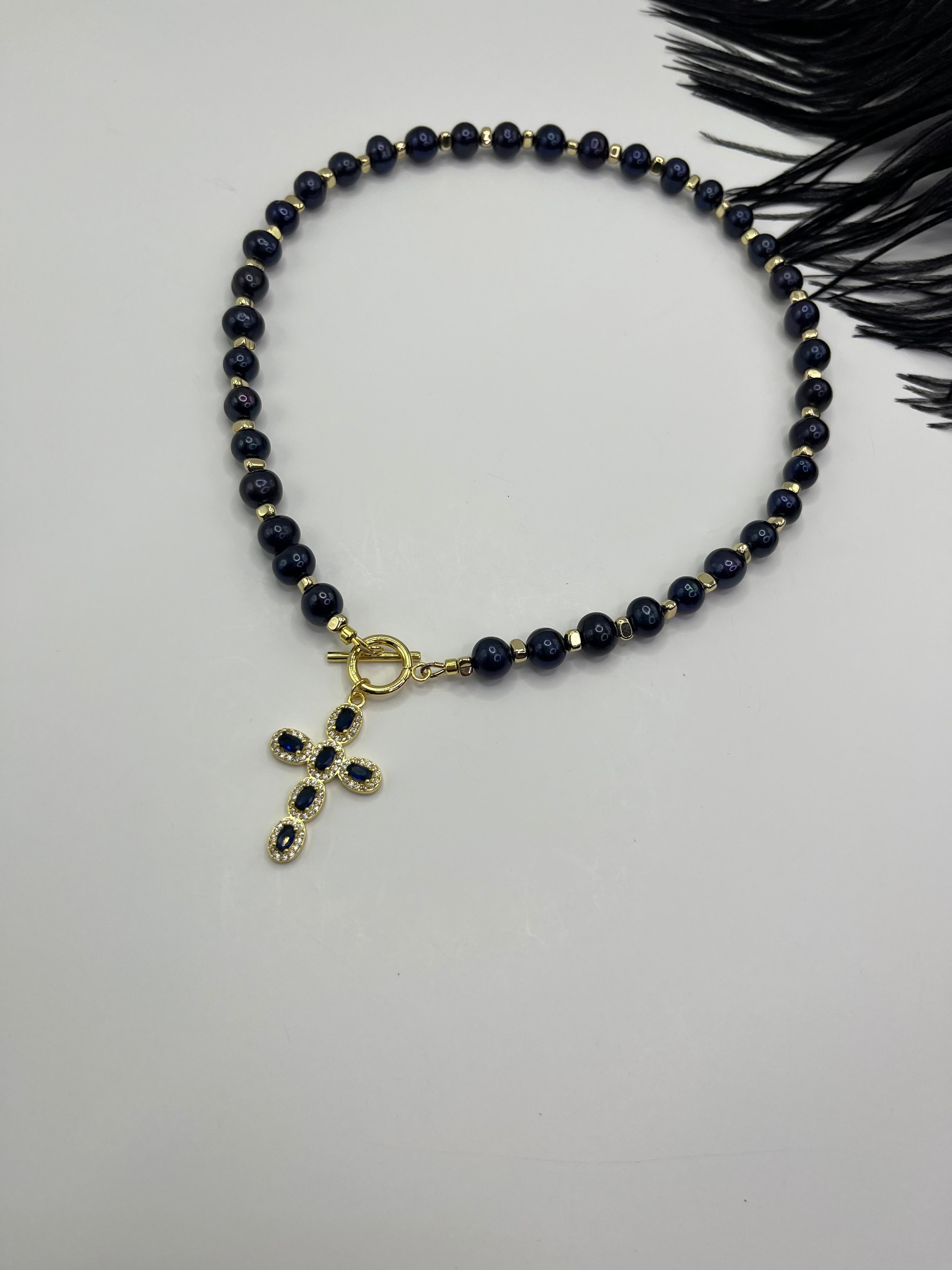 Blue Pearl Choker Necklace with Cross pendant: 18K Gold Plated