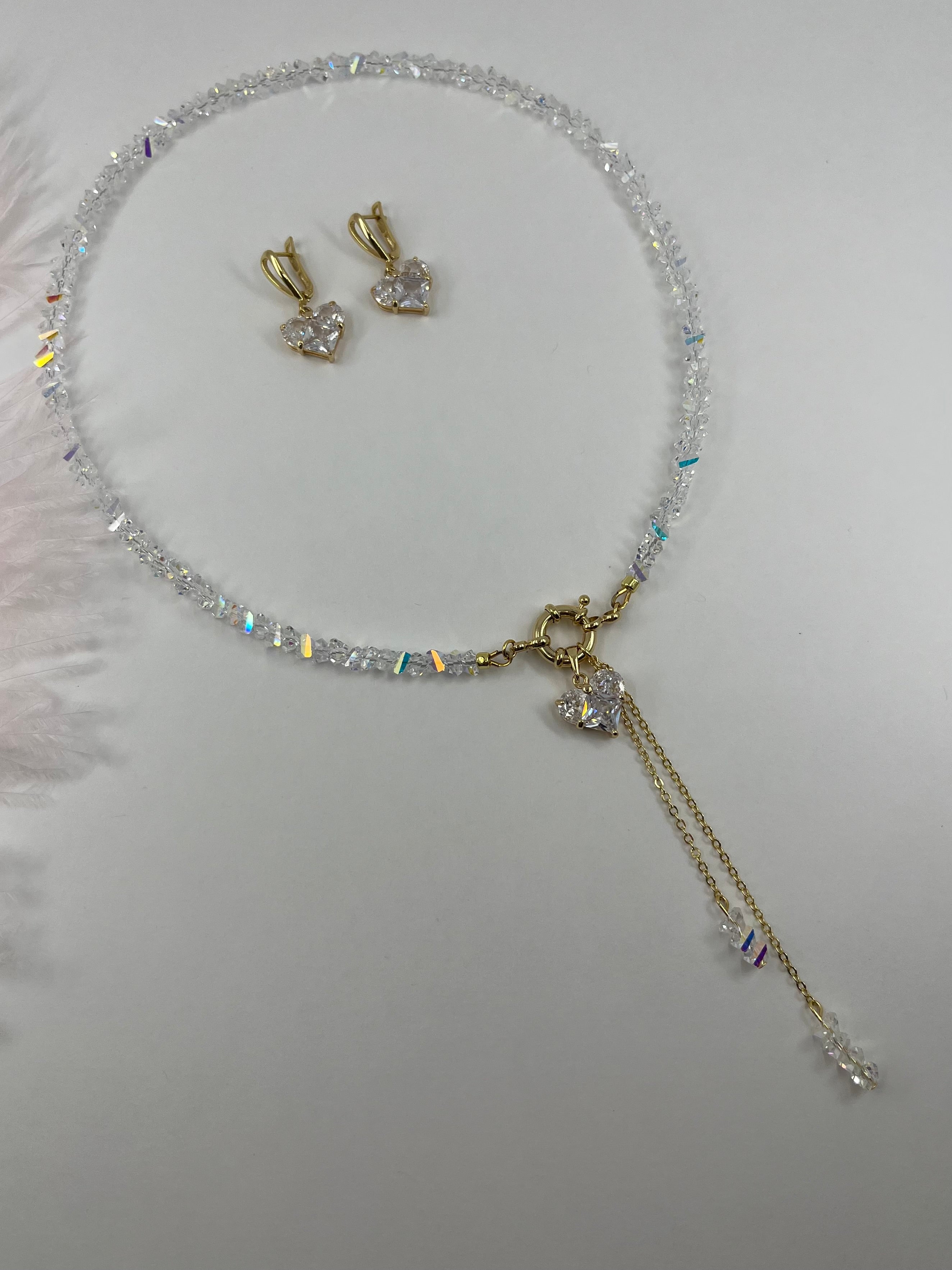 Set: Heart Crystal Y-Necklace and Earrings – 18K Gold Plated, Cubic Zirconia