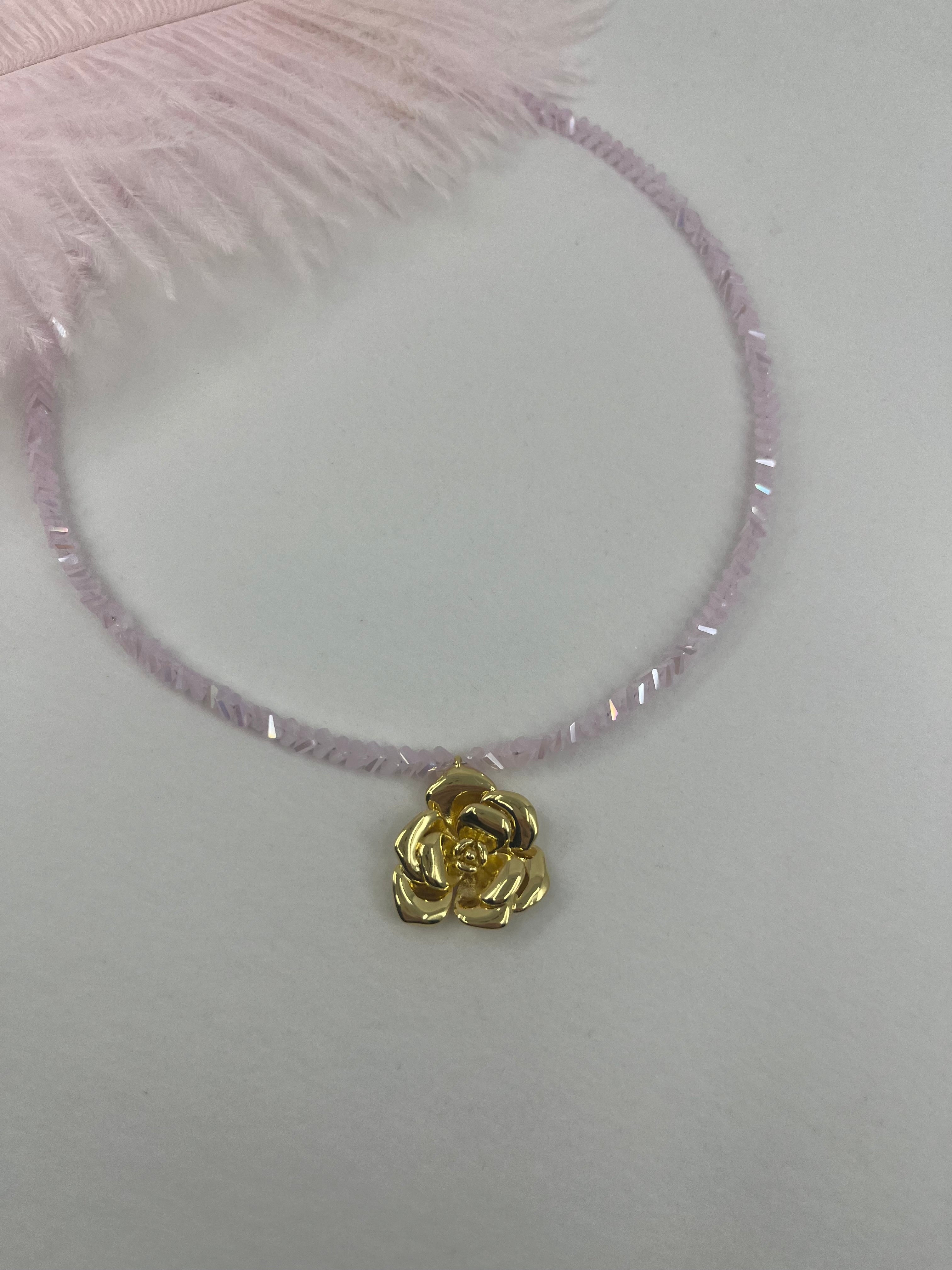 Crystal Pink Glass Bead Choker: 18K Gold Rose Pendant