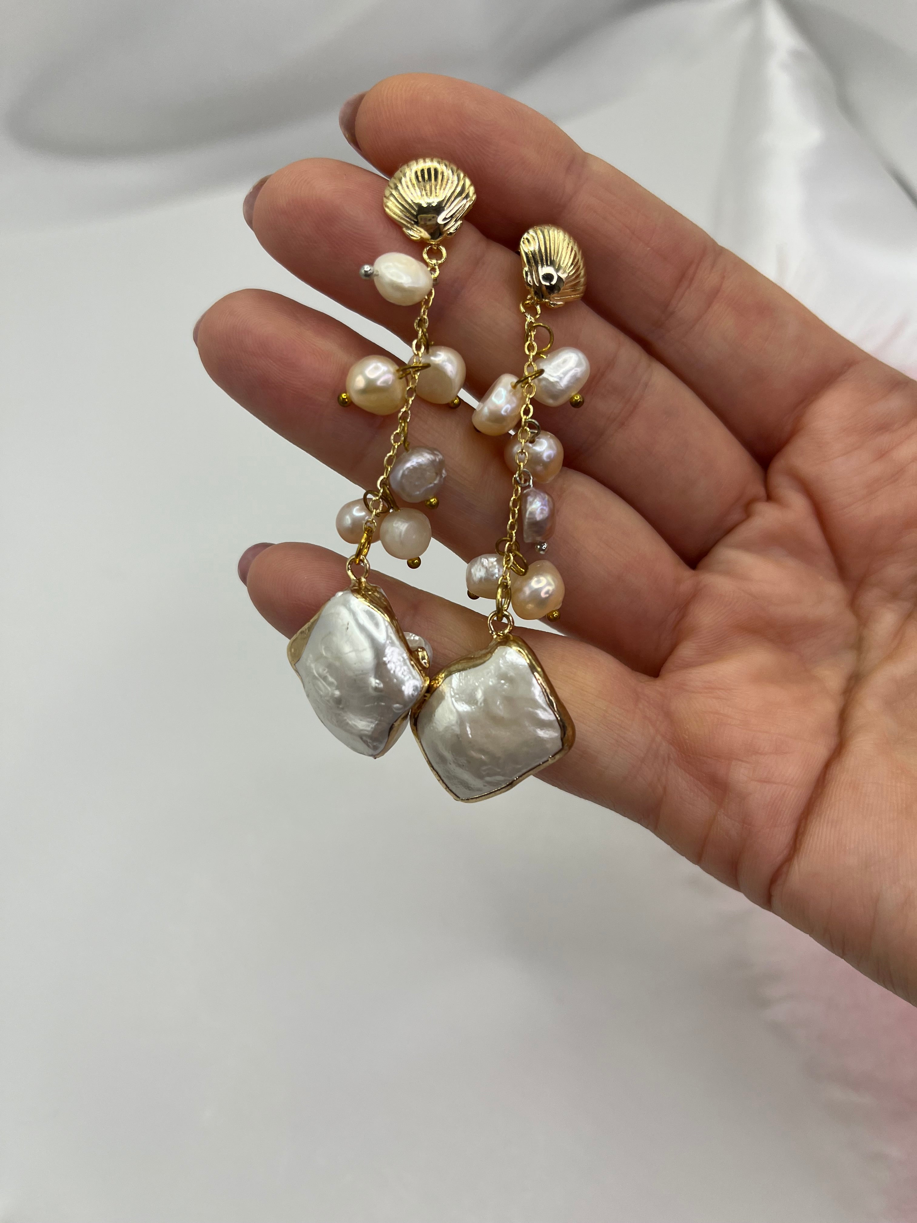 Long Natural Pearl Drop Earrings with baroque shell pendant