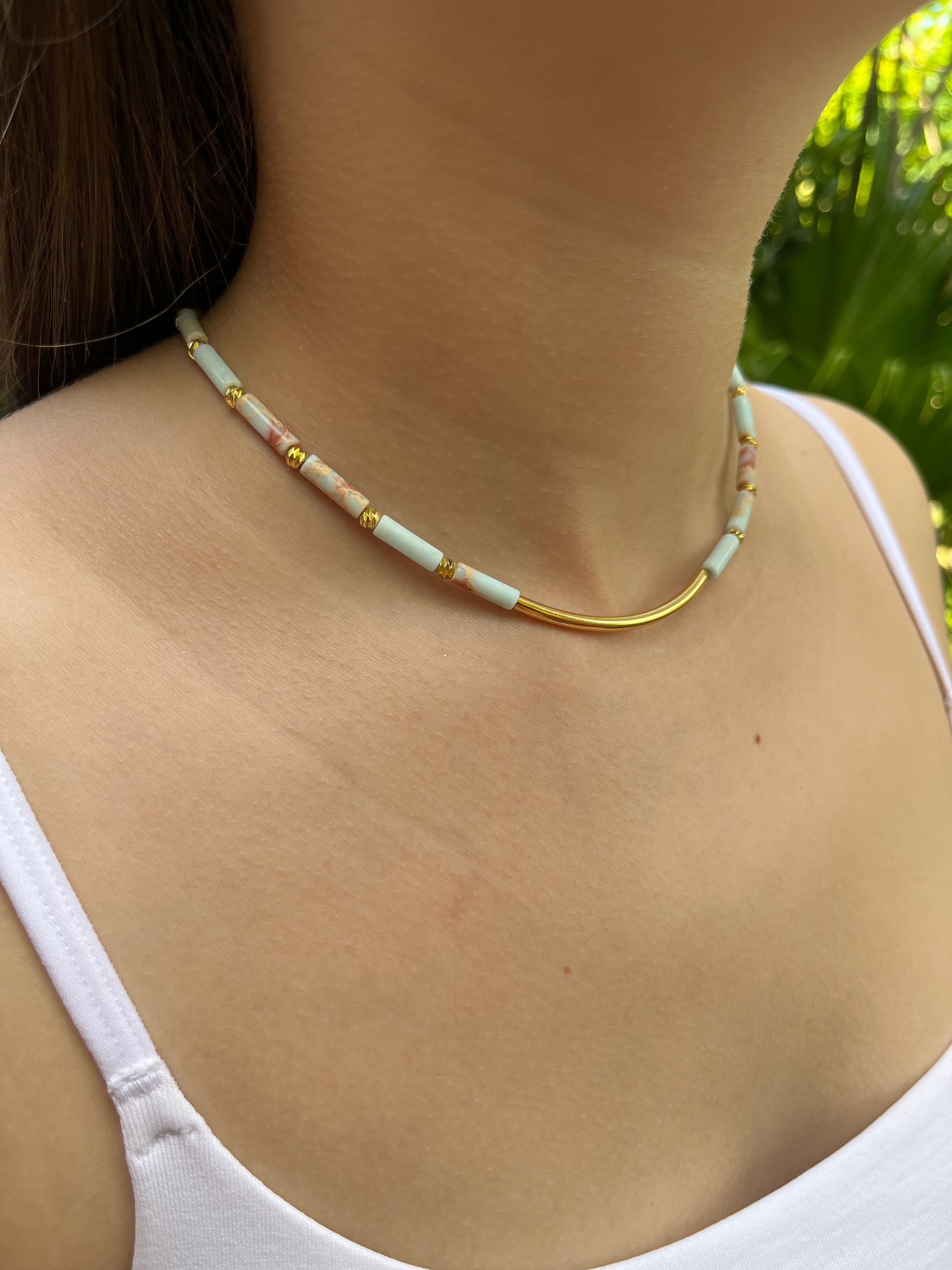 Imperial Jasper Choker: Light Blue, Turquoise, Purple - 14K Gold Plated