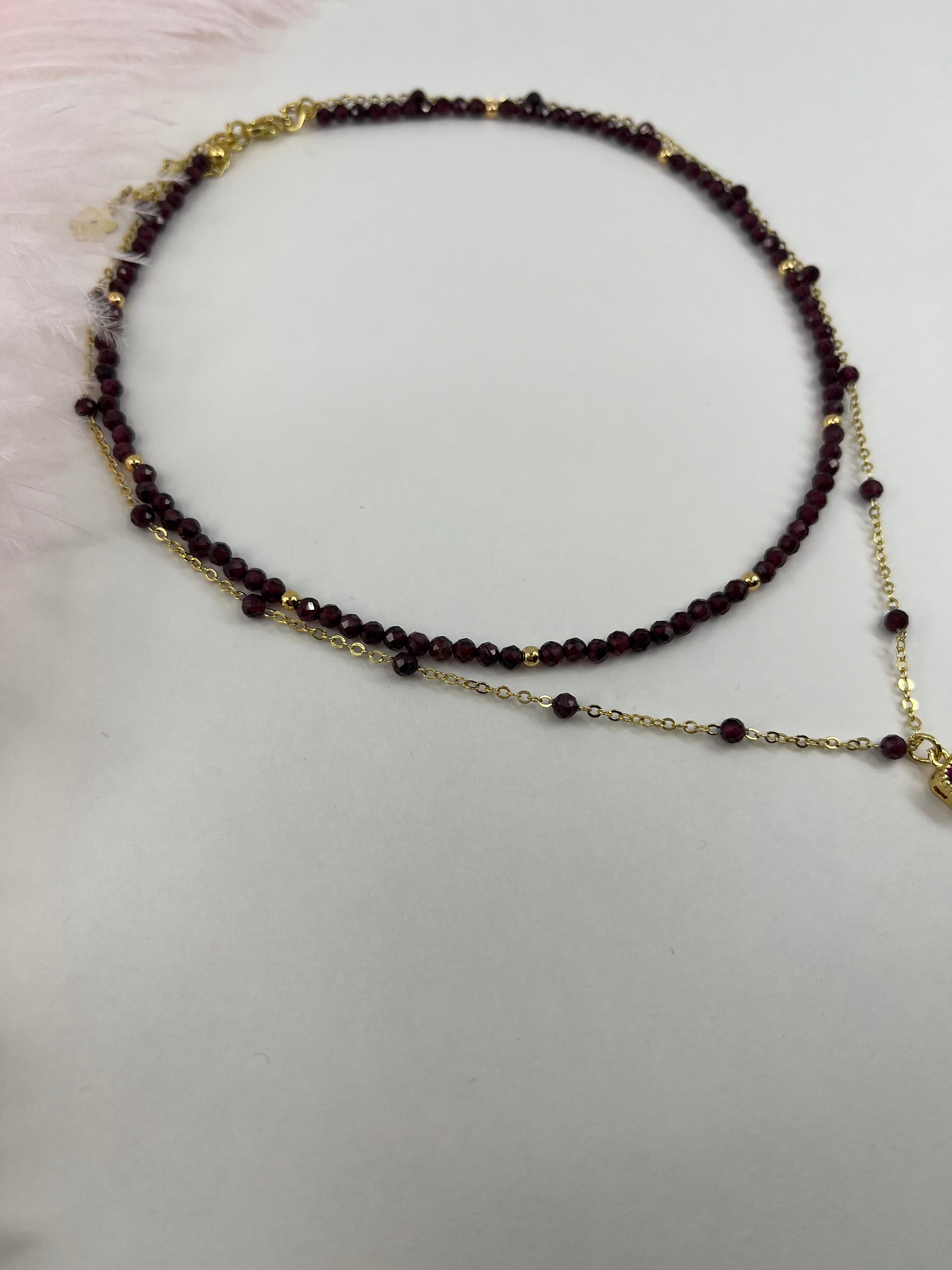 Layered Garnet necklace , 18K gold clasp
