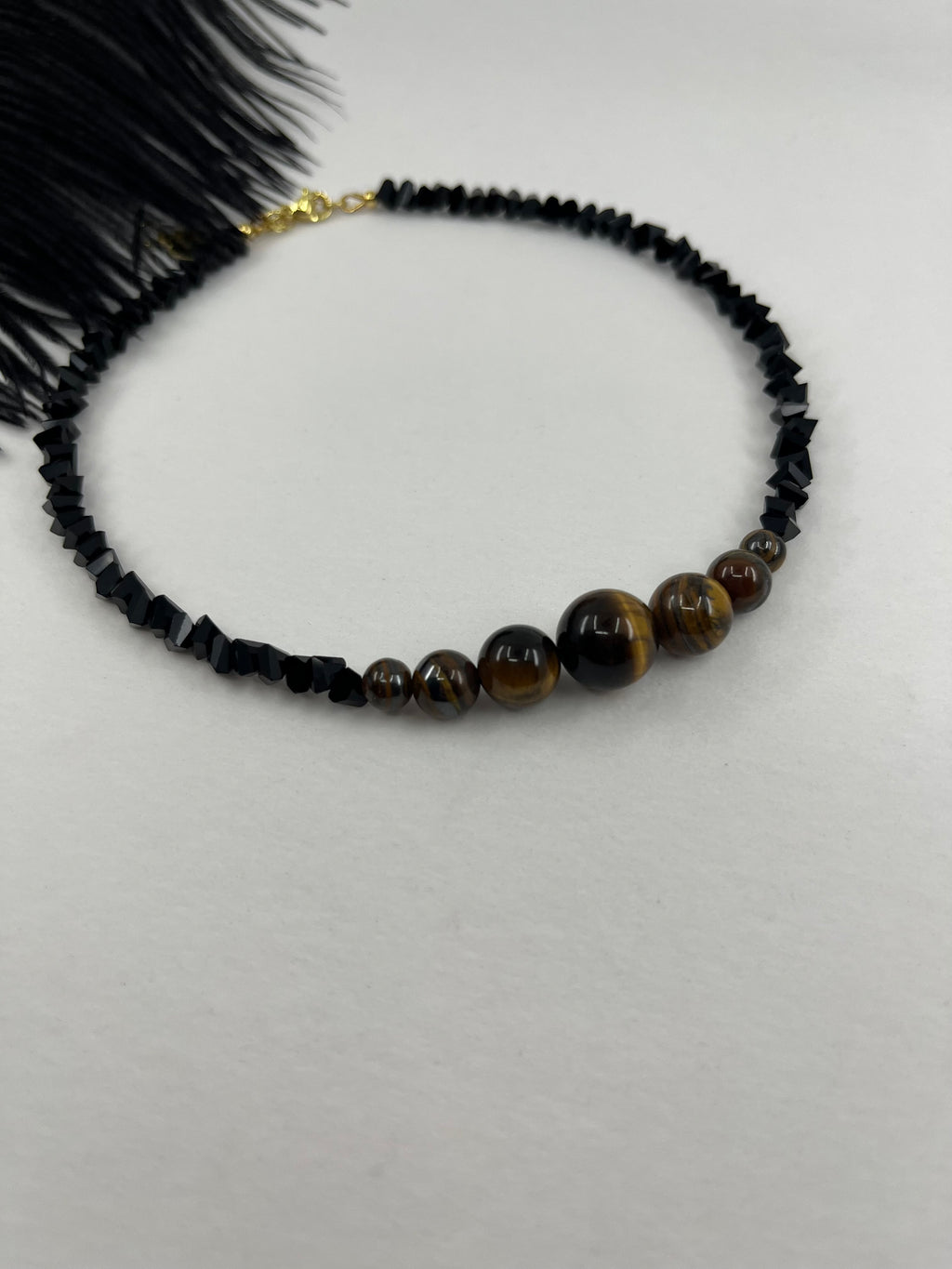Set: Black Crystal Choker Necklace with Tiger Eye and earrings