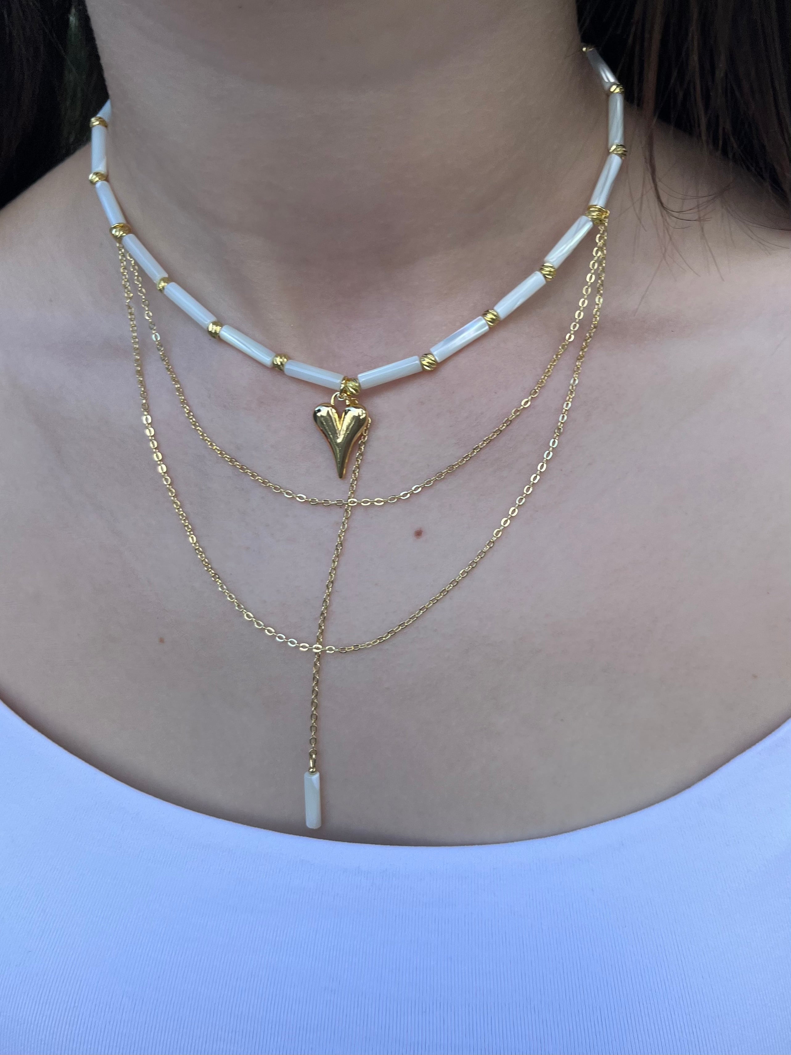 Layered Natural Trochus Shell Heart Necklace, 18K Gold-Plated