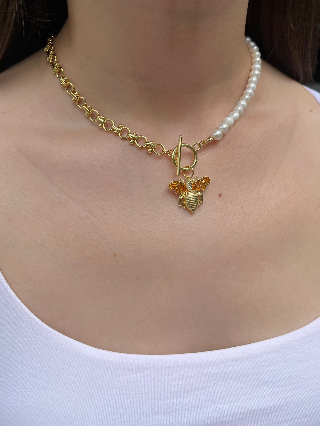 Asymmetrical Pearl Necklace with Bee Pendant, 18K Gold Plated Chain