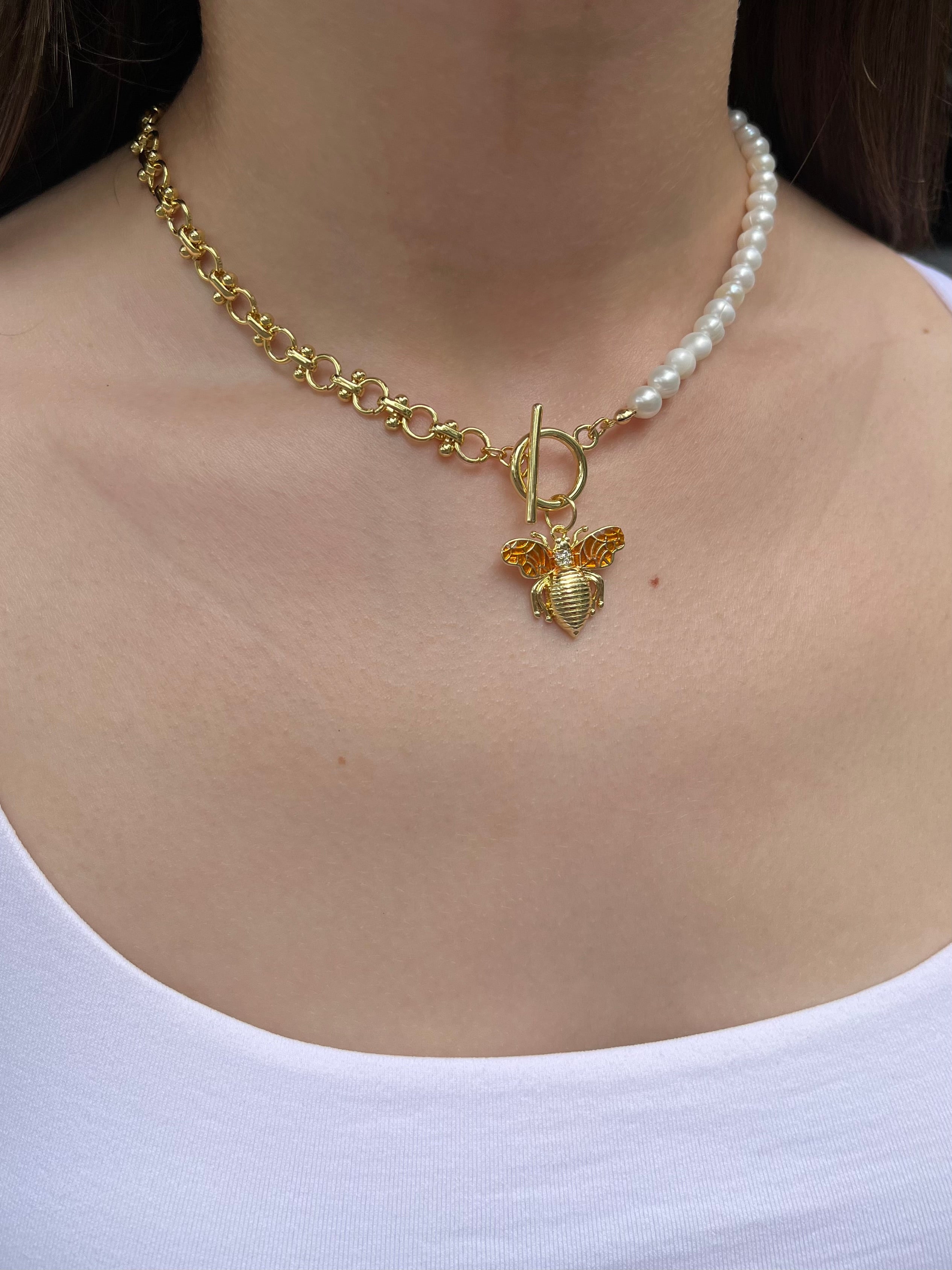 Asymmetrical Pearl Necklace with Bee Pendant, 18K Gold Plated Chain