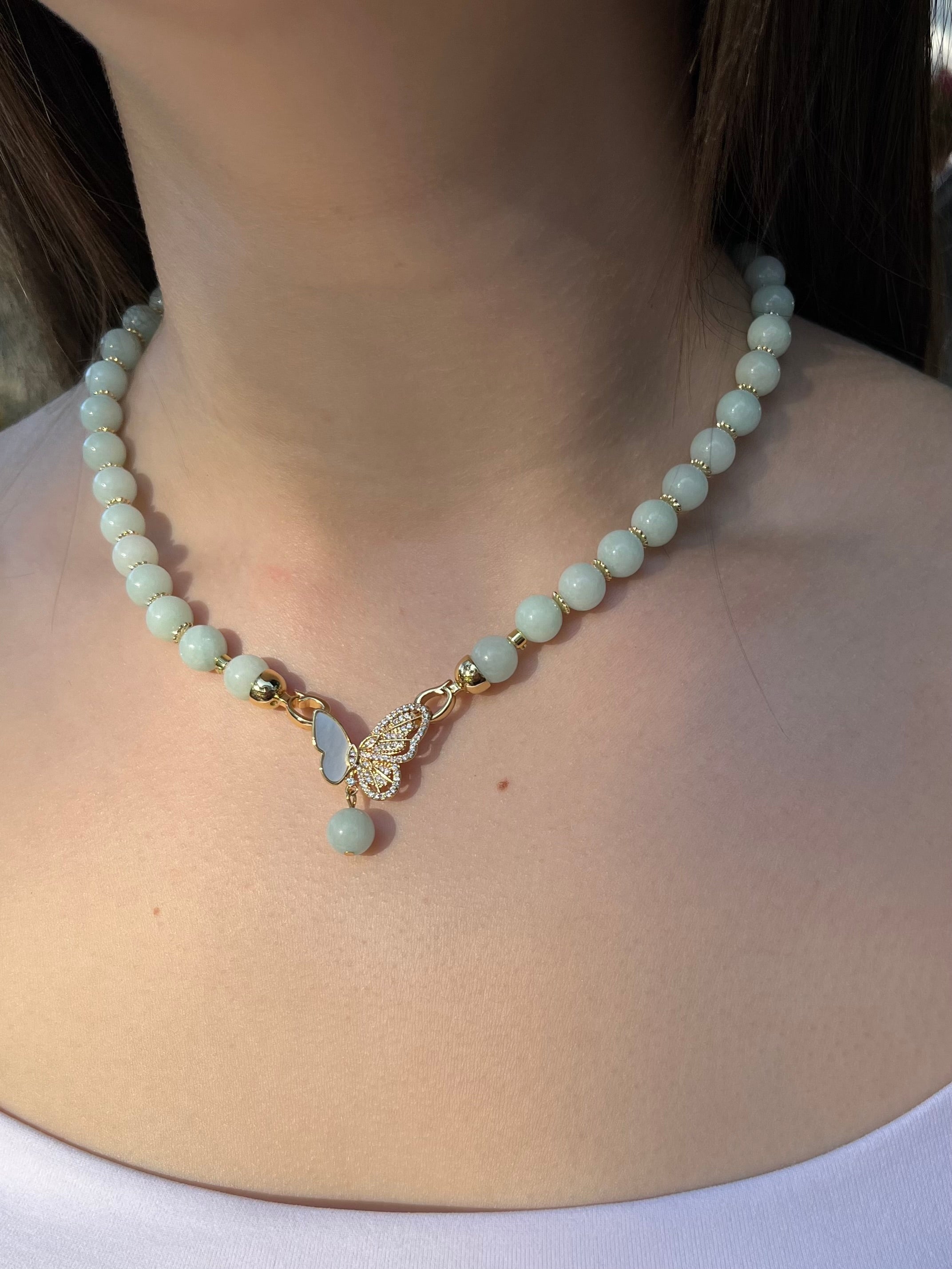 Natural Malaysia Jade Necklace with 18K Gold Butterfly Clasp