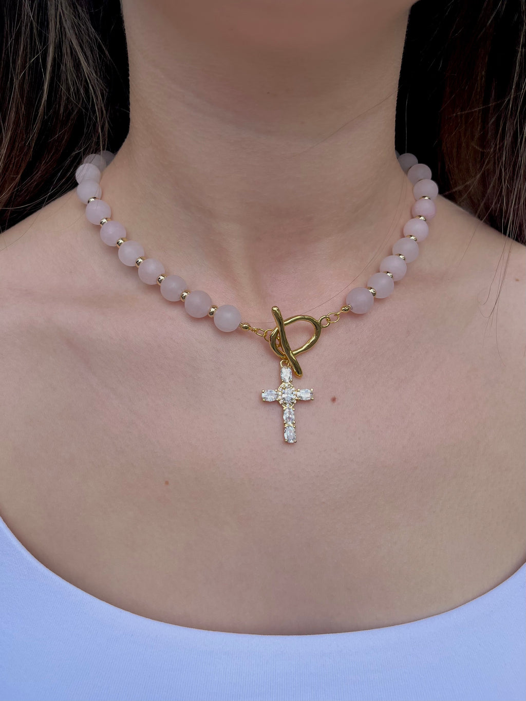 Set: Rose Quartz Cross Necklace and Earrings, 18k gold plated