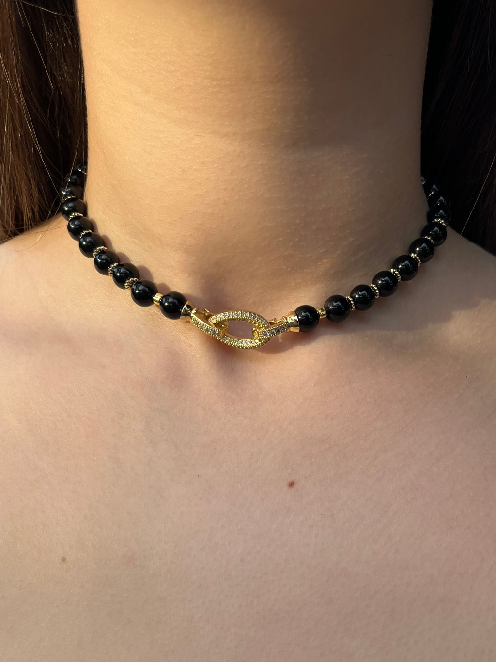 Black Onyx Choker – 18K Gold Plated Zirconia Clasp