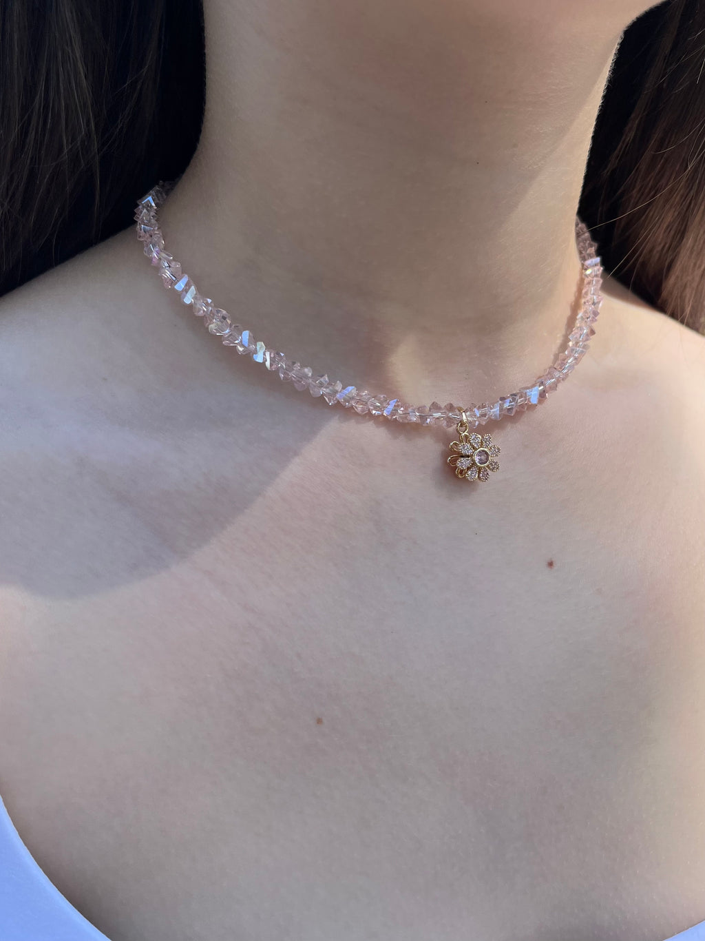Flower Spinner Crystal Necklace, 18k gold plated
