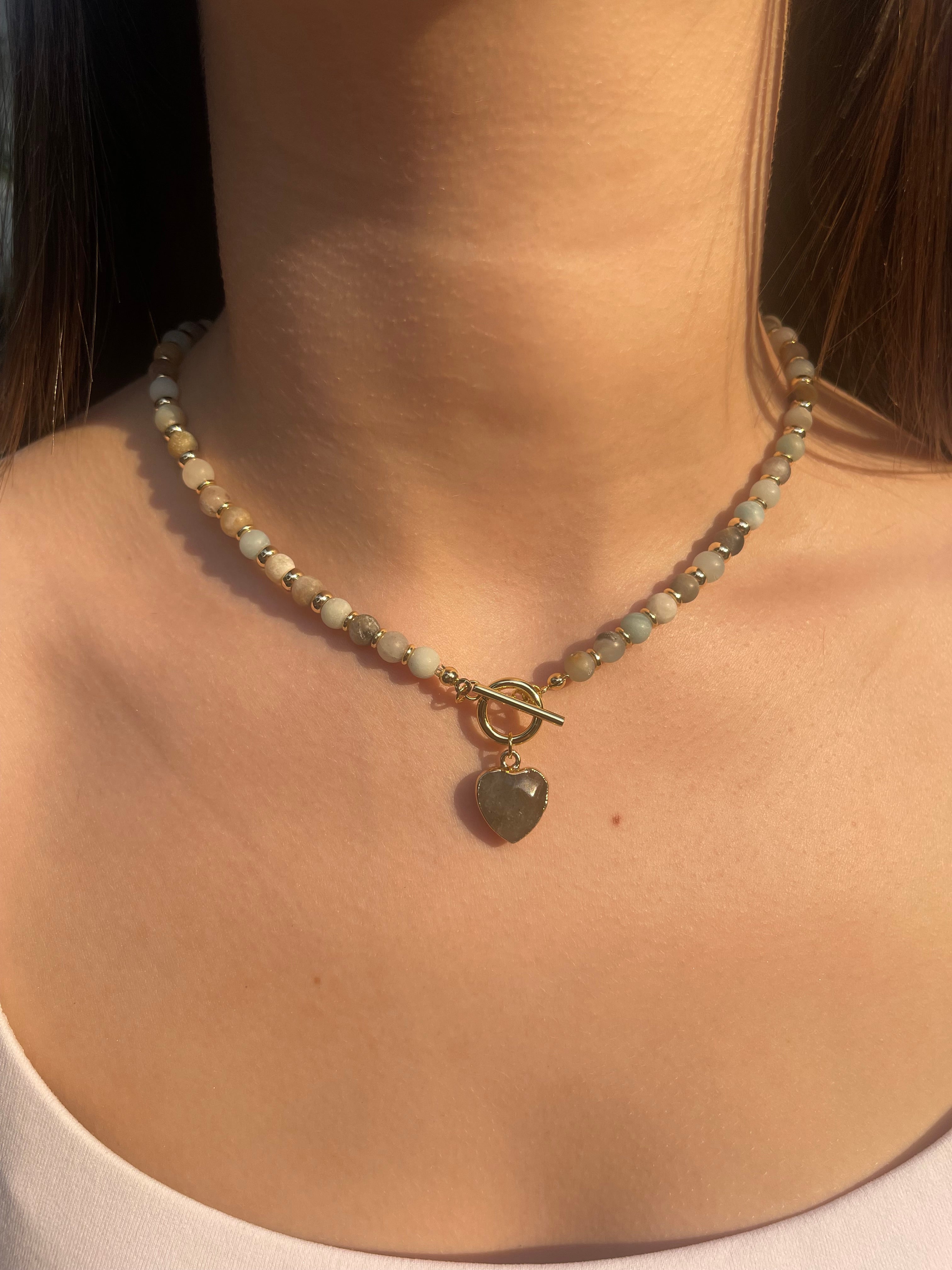 Natural Amazonite Heart Necklace, 18k gold plated clasp