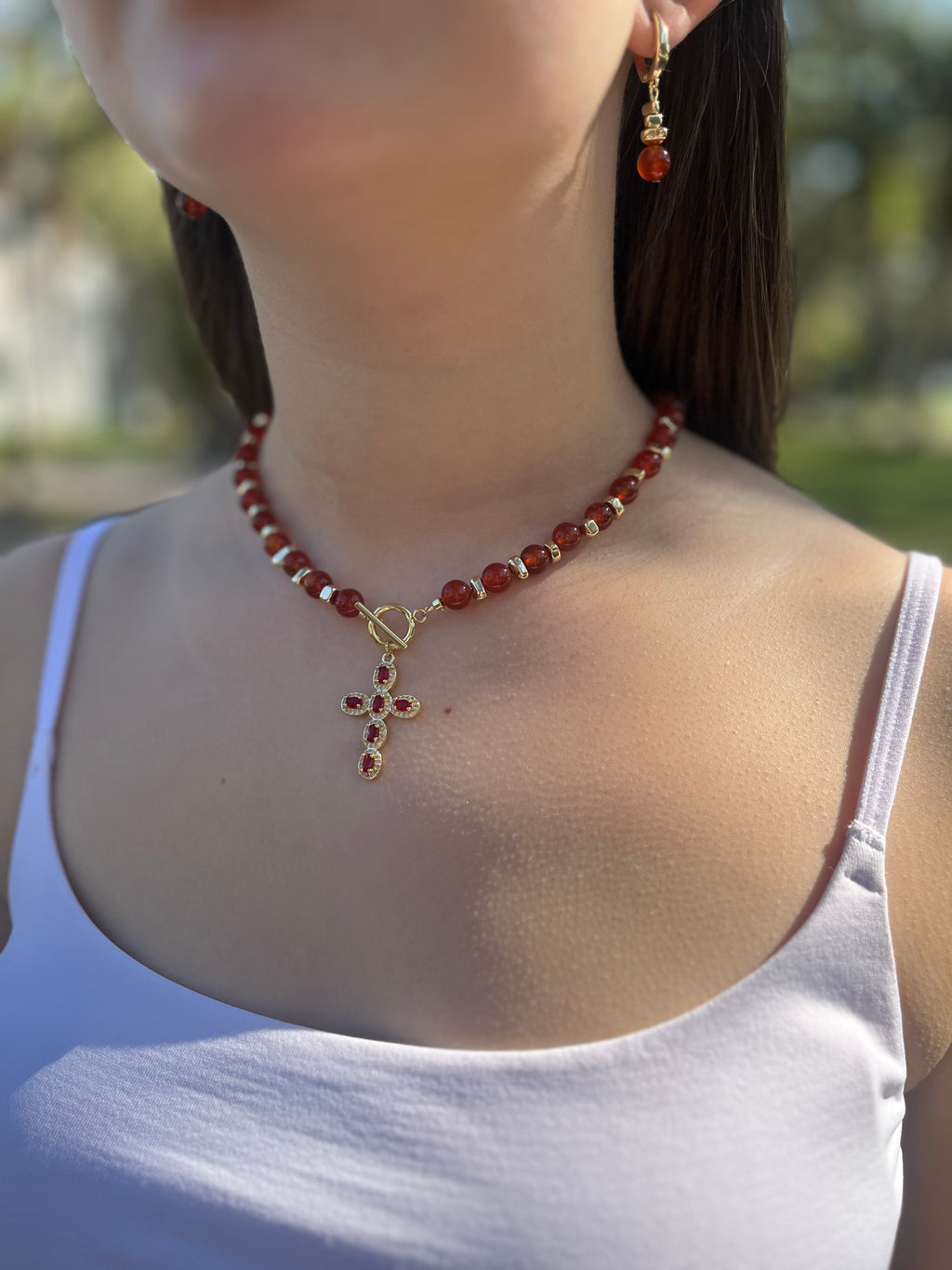 Set: Natural Carnelian Necklace with 18K Gold Cross and earrings