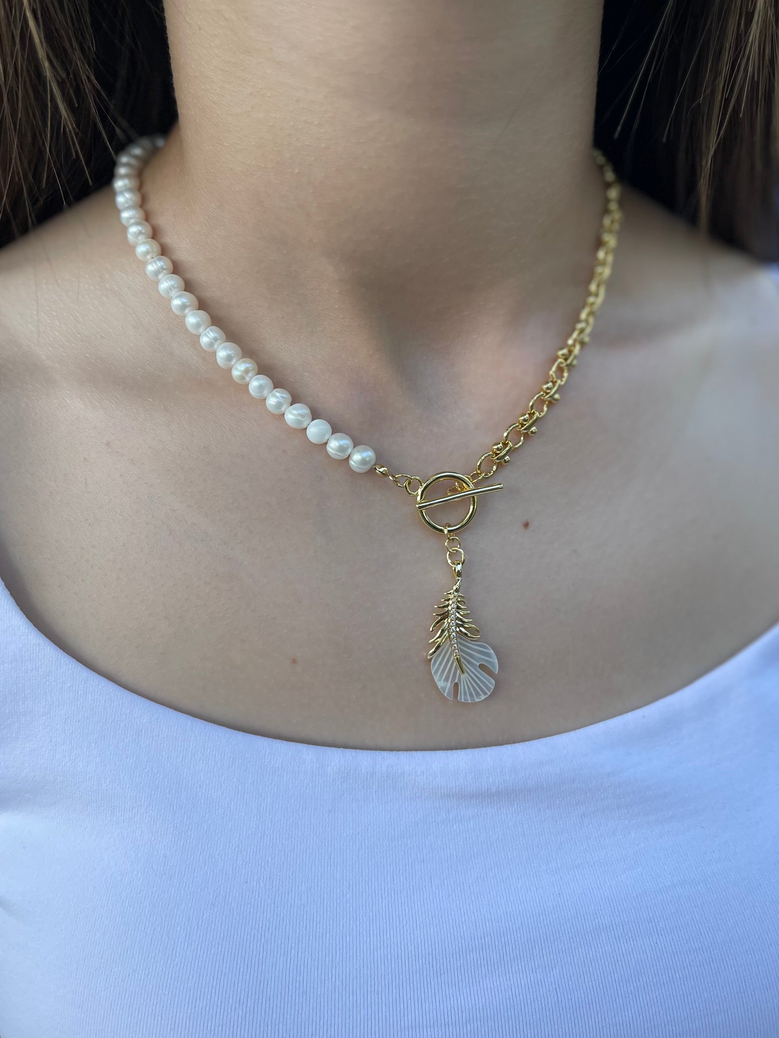 Asymmetrical Pearl Necklace with Feather Pendant, 18K Gold Plated Chain