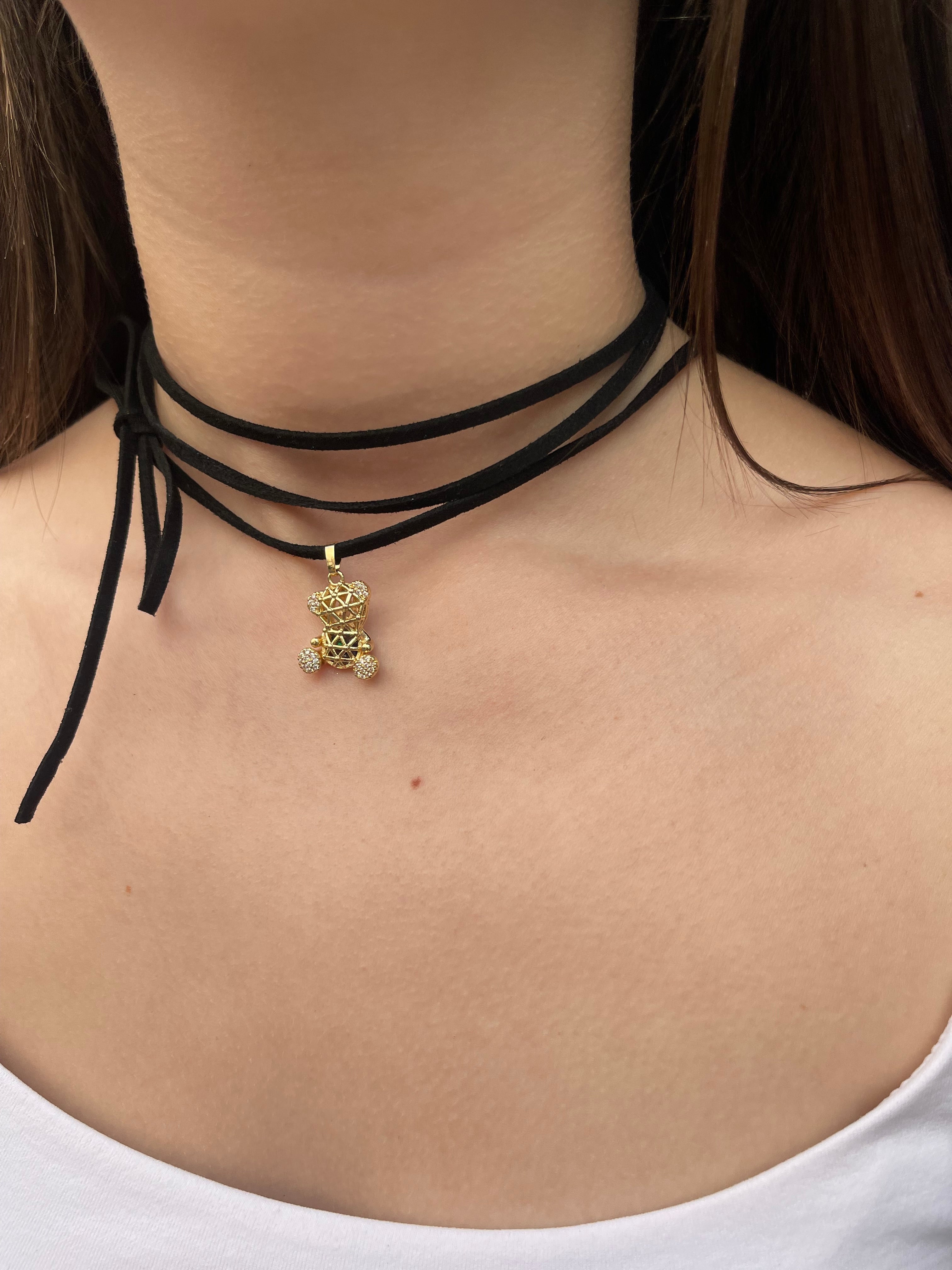 Black Suede Bow Tie Wrap Choker, 18K gold Pendant Necklace