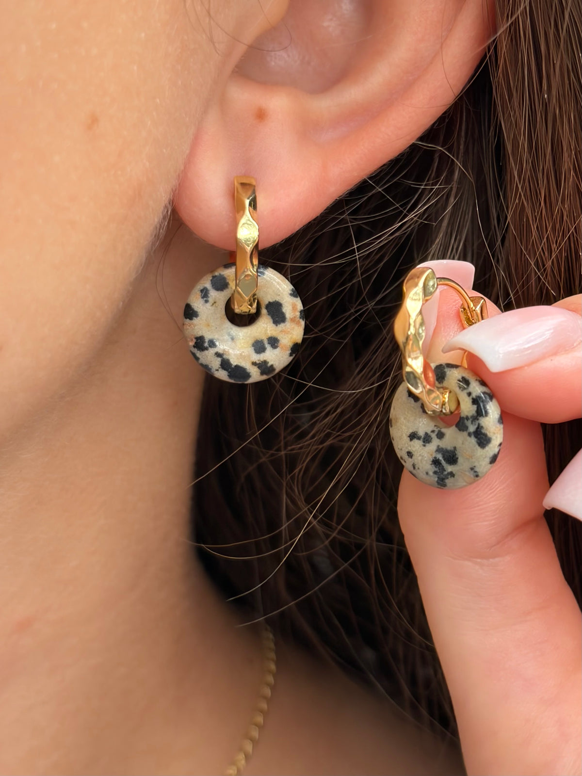 Dalmatian jasper donut Earrings and Necklace, 18K Gold Plated