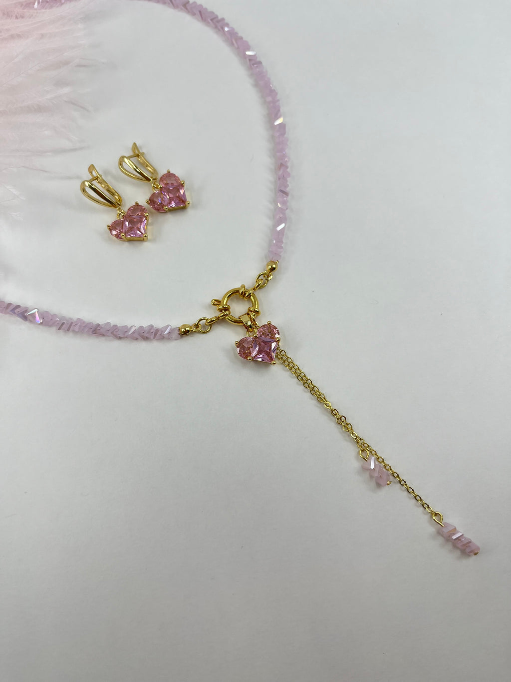 Set: Heart Pink Crystal Y-Necklace and Earrings – 18K Gold Plated, Cubic Zirconia