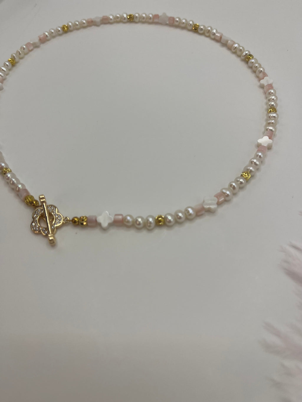 Freshwater Pearl & Shell Necklace with 18K Gold Plated Flower Toggle